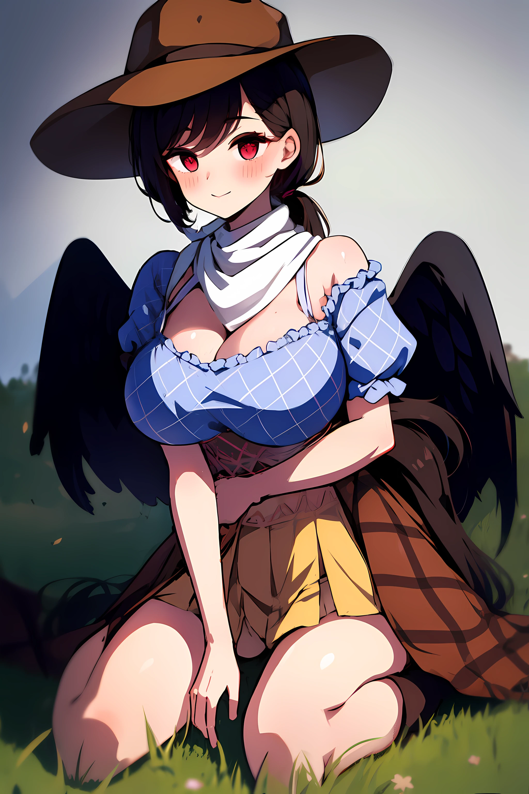 (masterpiece),best quality, expressive eyes, perfect face, 1girl,
big , H-cup, good , beautiful, gorgeous,anime,girl,lora, floating clothes, tent  ,
  visible  though clothes,Saki Kurokoma,
red eyes,
black hair,
short hair,
long ponytail,
black wings,
black horse tail,
brown cowboy hat,
brown boots,
light blue plaid shirt,
light pink shirt,
brown plaid skirt,
light orange skirt,
shoulders,
white bandana tied around neck,crazy smile,yameroyandere,yandere,crazy eyes,dark,glowing eyes,shaded face,empty eyes,w sitting, w sitting on ground,legs on ground,arms between legs, hands between thighs,both arms between legs