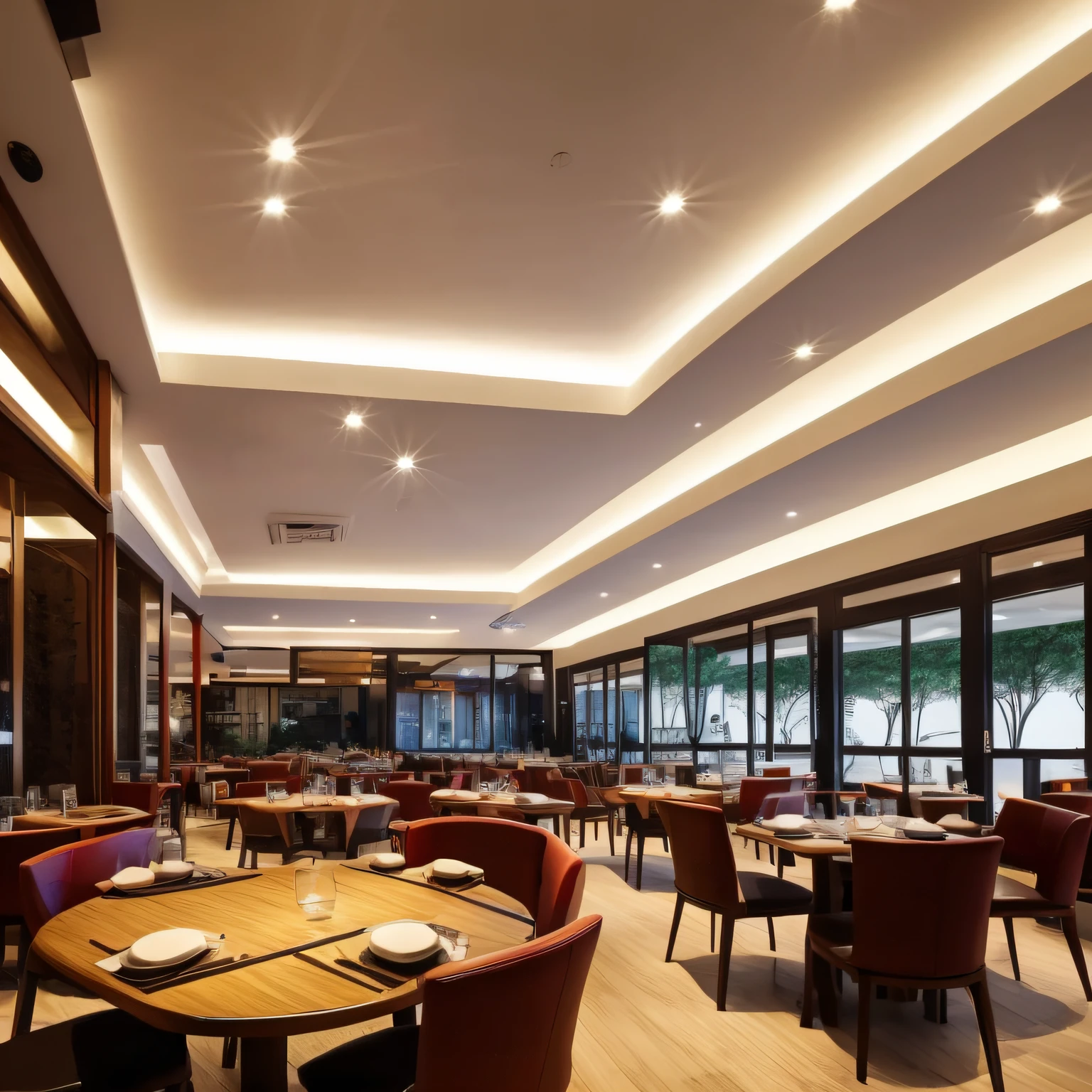 Modern Chinese style restaurant with round table style wide perspective angle rectangular room Square windows with four vertical fabric panels