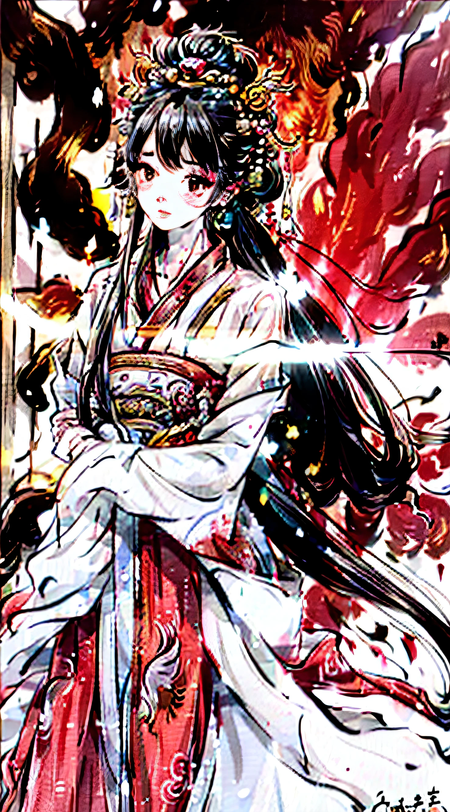 1girll，A half body，独奏，Ancient Chinese wedding dress，Red wedding dress，Golden phoenix embroidery，Complicated buns，Golden phoenix crown，flower  field，blossom flower，White smoke，realisticlying，offcial art，red theme，Unity 8k壁纸，ultra - detailed，Beautiful and beautiful，tmasterpiece，best qualtiy，dynamic angle，Glowing skin，Floating colorful flashes，The most beautiful forms of chaos，Elegant and vibrant colors，Romanticism Depth of Field。