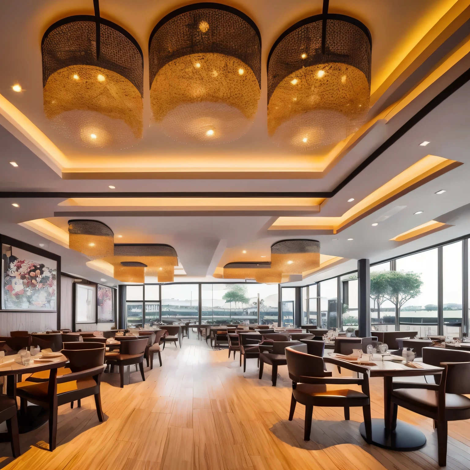 Modern Chinese style restaurant with round table style wide perspective angle rectangular room Square windows with four vertical fabric panels