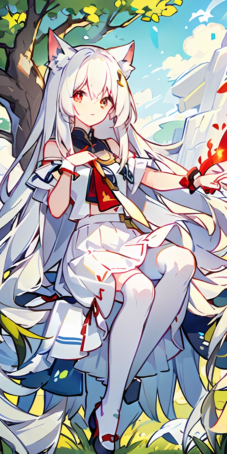 long white hair,grassy fields,The tree,clouds,suns,red pupils,white skirt,white stockings,White cat ears