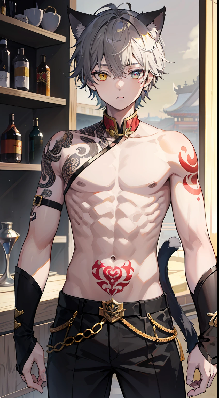 young boy, short gray hair, Cat's ears, Heterochromia, Yellow left and brown right eyes, tattoo, open torso, Pants of a Chinese general, swords, Masterpiece, hiquality