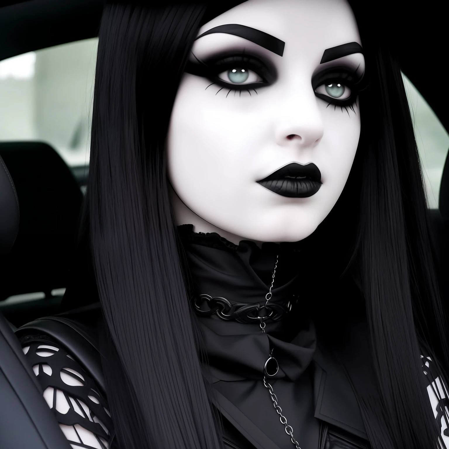 arafed woman with a choke on her neck in a car, goth girl aesthetic, 1 7 - year - old goth girl, darkwave goth aesthetic, pale goth beauty, pale skin and dark eyes, black sullen eyes, gothic horror vibes, goth aesthetic, with black eyes, dark aesthetic, goth girl, gothic girl face, with black sclera eyes