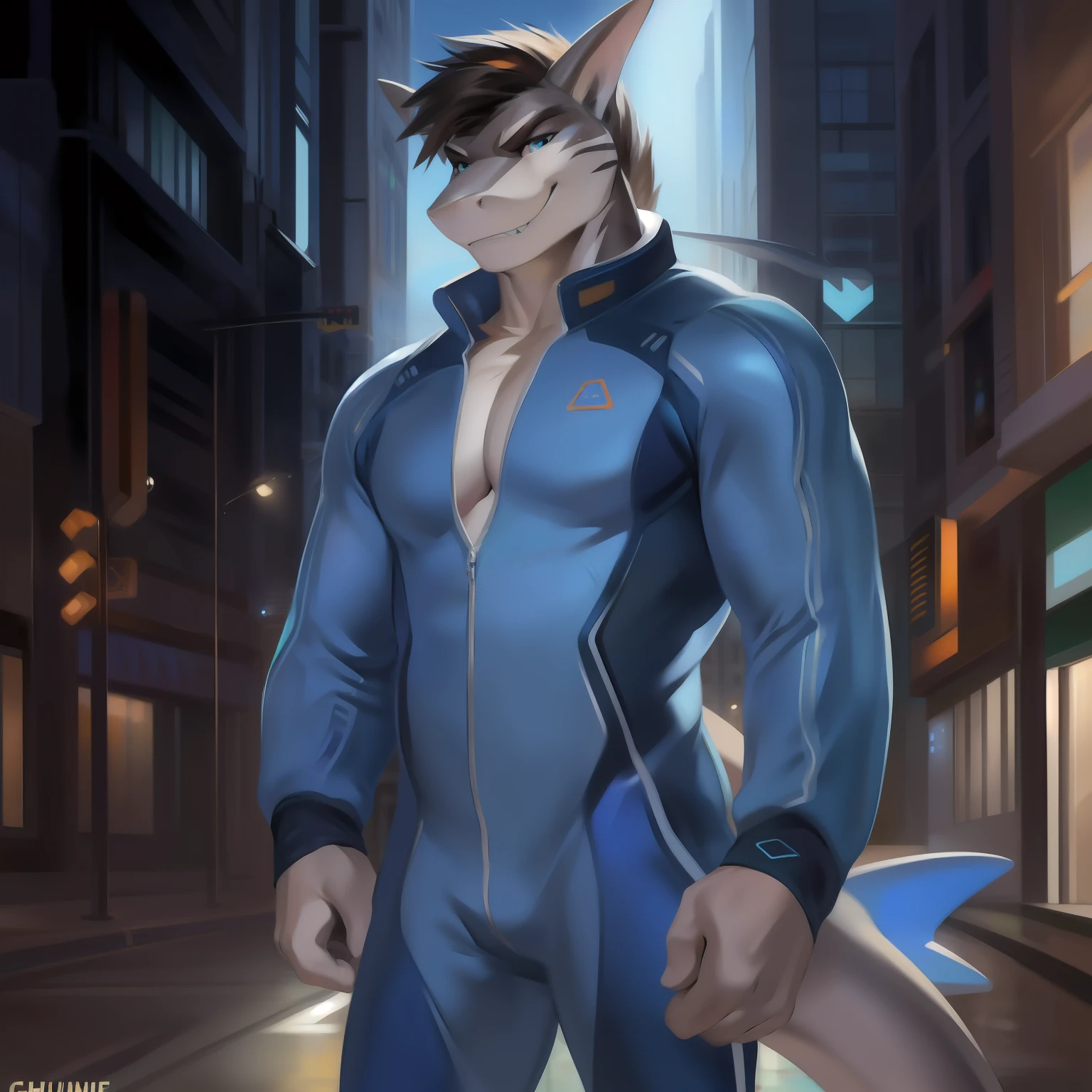 Solo, male, standing, street, muscular, smirking, (((blue spacesuit))), by chunie, ((hair, snout)), shark