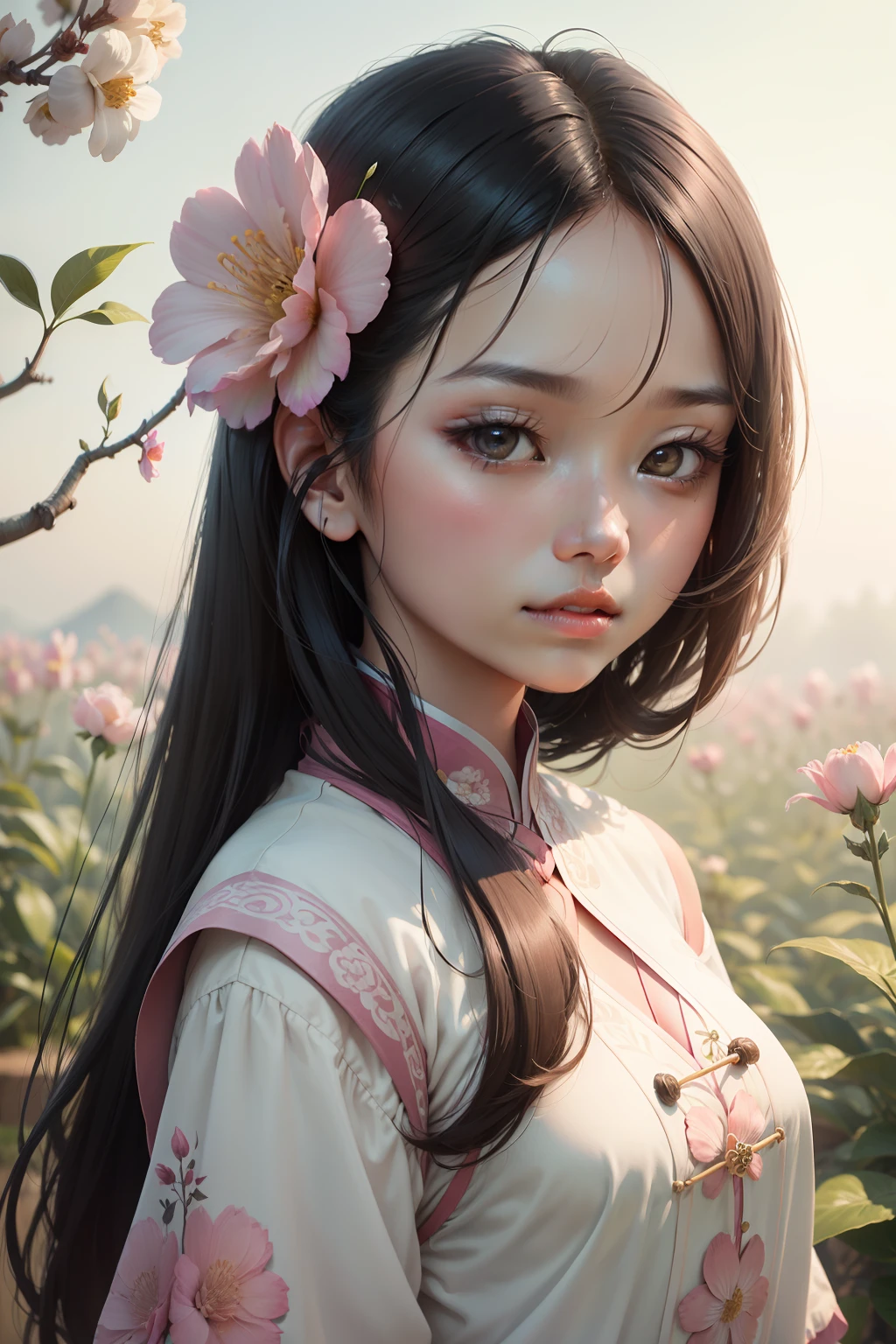 In the background is a hazy blooming flower，Consistent tone，Pink and white main colors，blue-sky，one-girl，Asian people，Exquisite facial features，Black hair，China-style，k hd，8K