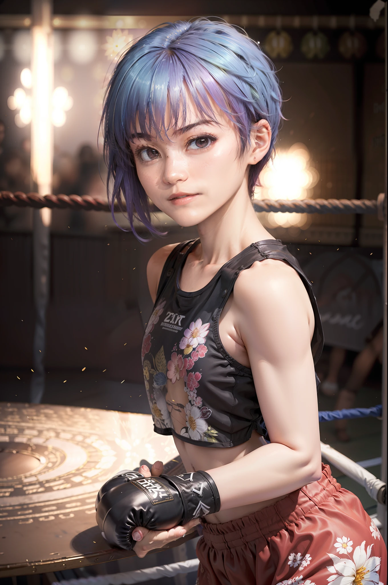 Best Quality, Very elaborate CG Unity 8K wallpapers, Boxer, (Photorealsitic:2), 超A high resolution, Highly detailed, A hyper-realistic, 1girl in, (Boxing gloves), Floral pattern, colourfull_Head_hair、(((very_Short_Head_hair))), Short hair, Full Shot, Looking at Viewer, ((boxing Ring)), Bright atmosphere, spot light, Detailed background