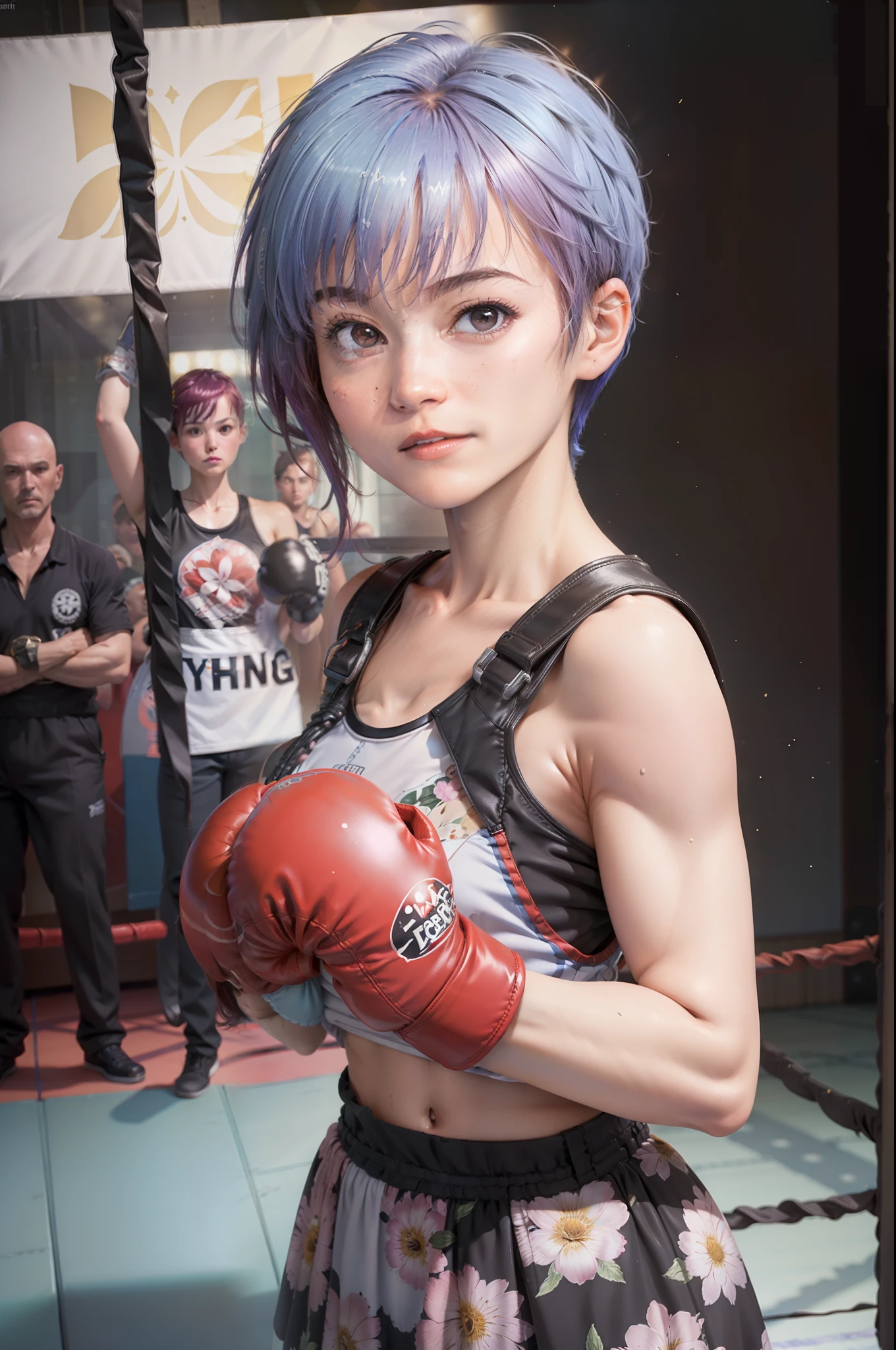 Best Quality, Very elaborate CG Unity 8K wallpapers, Boxer, (Photorealsitic:2), 超A high resolution, Highly detailed, A hyper-realistic, 1girl in, (Boxing gloves), Floral pattern, colourfull_Head_hair、(((very_Short_Head_hair))), Short hair, Full Shot, Looking at Viewer, ((boxing Ring)), Bright atmosphere, spot light, Detailed background