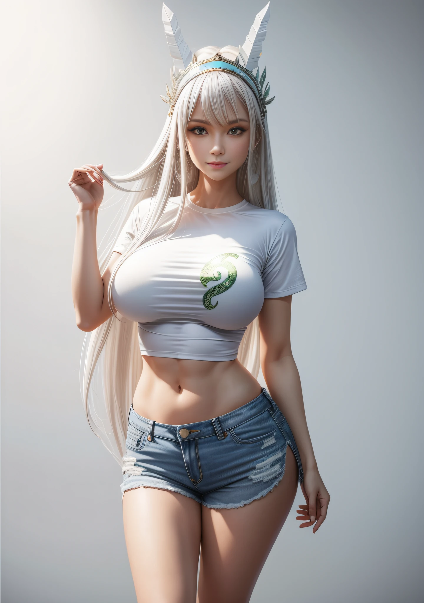 White gradient background,(in a panoramic view:1.2,full bodyesbian:1.2),1个Giant Breast Girl,anatomy correct,(denim short,Long red loose T-shirt:1.6),(smallunderboob:1.4),Serpentine headdress,long whitr hair,ssmile,(The clothes are printed with a serpentine pattern:1.6),White shoes,perfectly proportions,extremelydetailedface,(Best quality at best,high detal,tmasterpiece,offcial art,movie light effect,4K)