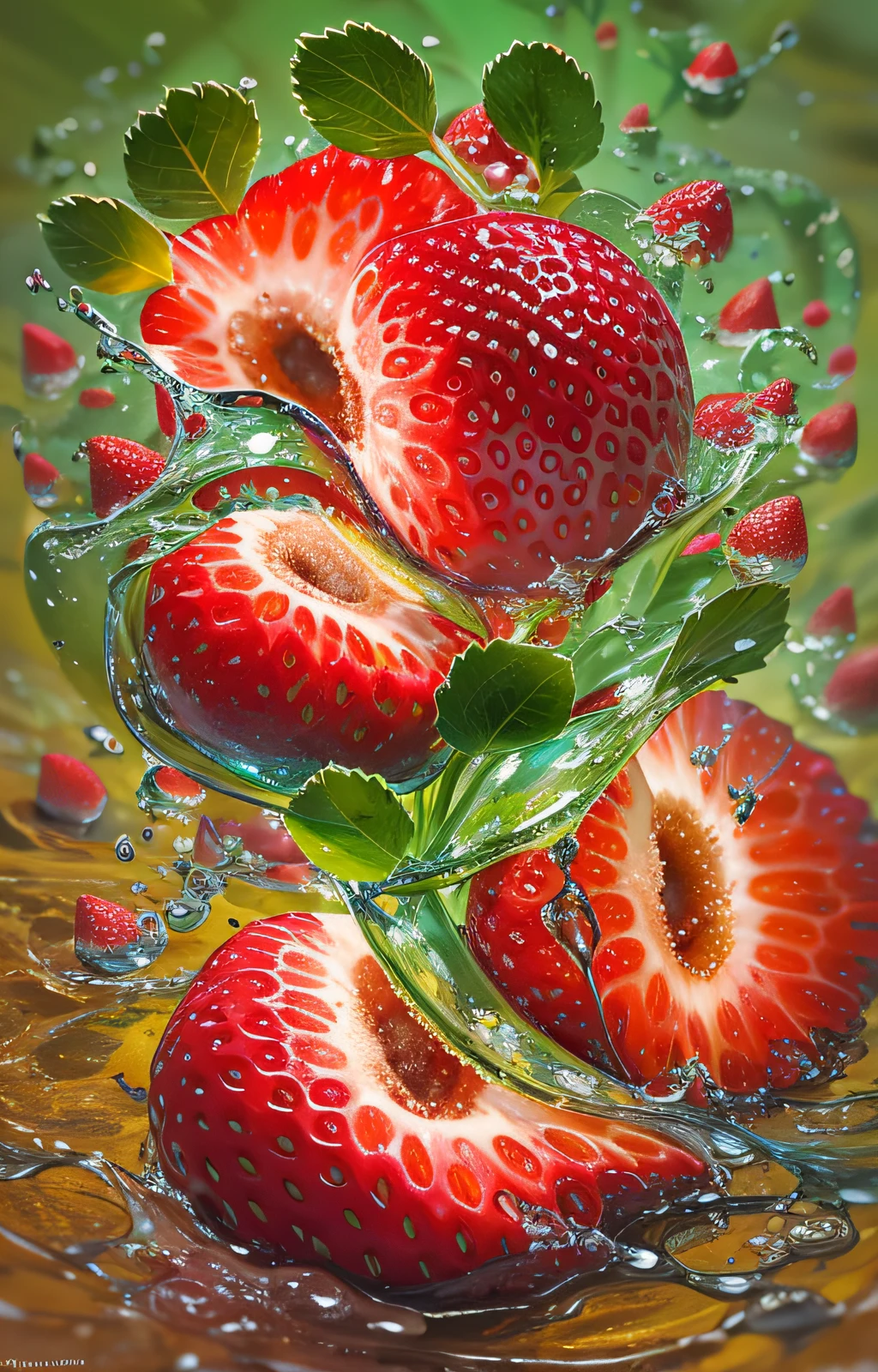 Close-up of fruits，Three strawberries，drippy、liquid splashes、water bloom，macro，rays of sunshine，Fantasyart，dynamic compositions，Epic reality，tmasterpiece，realisticlying，Highest high resolution，HighestQuali