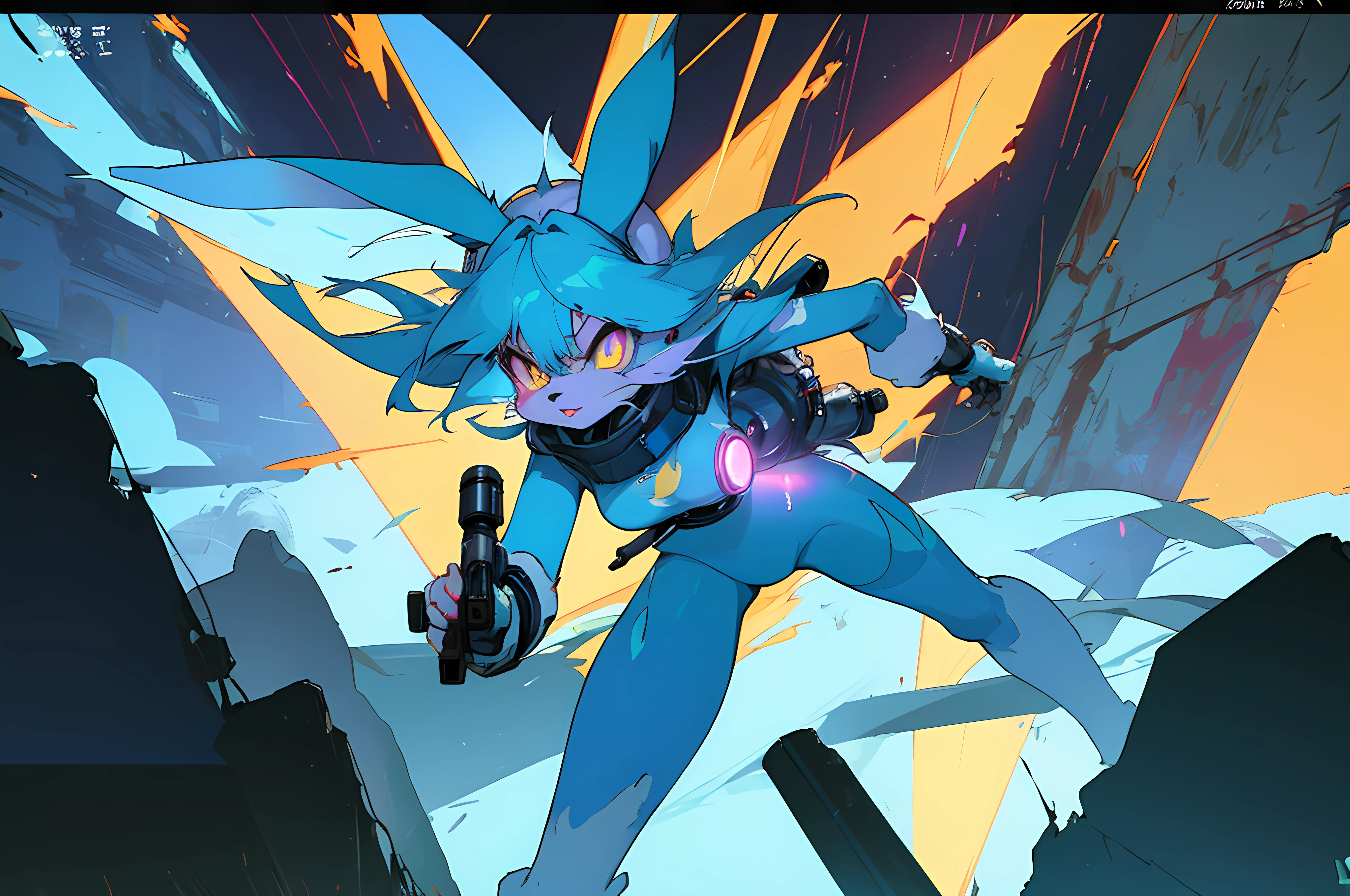 (vintage vhs), (crt screenshot), (Zen, Amy Sol style), (((angry cathedral shootout spacewalk))), (((blue anthro kemono furry rabbit exploring old ruins))), (((underground cavern shining flashlight in old ruins))), anime rabbit character with futuristic hair and glowing eyes exploring old ruins, anime art, anime aesthetic, (((old ruins in background cel art))), kemono anime space cadet rabbit girl, wearing cybernetic bunny ears, angry powerful female fighter --v6