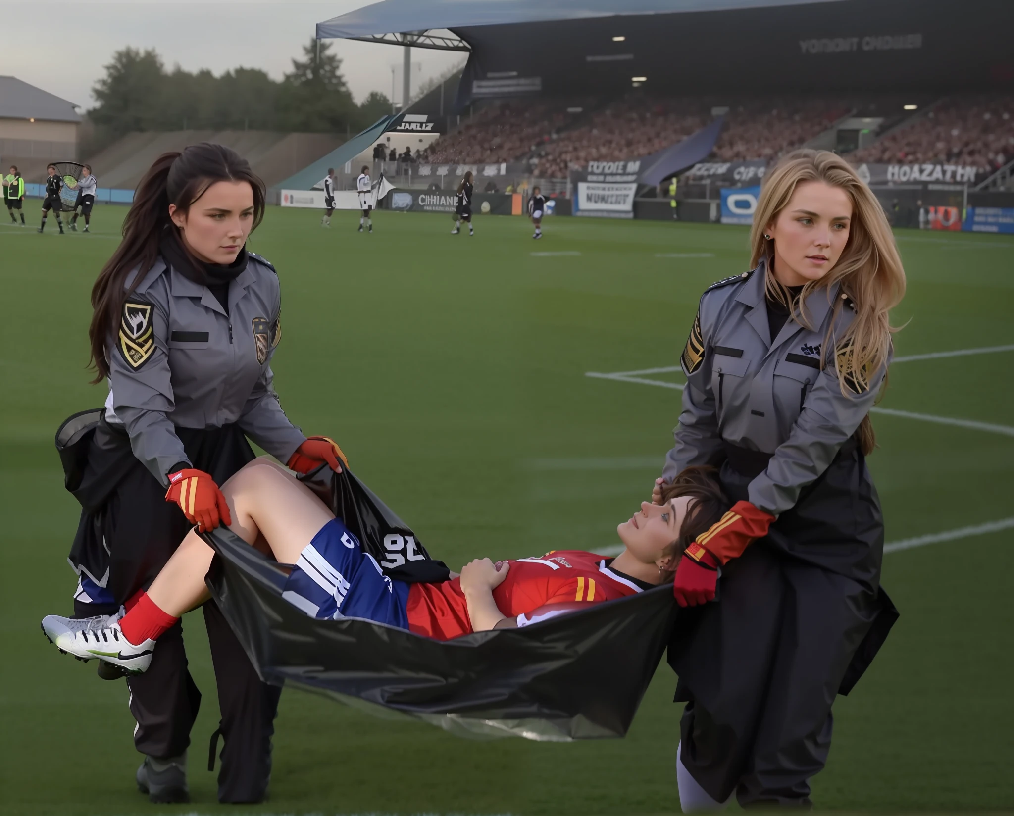 Eine blonde und langhaarige Frau rechts und eine schwarzhaarige langhaarige Frau links, who, in pairs, carry a shiny black plastic tarpaulin on a sports field, in which an injured male, short-haired, bearded football player lies;, Two women in uniform carry a shiny plastic tarpaulin towards us, in which lies a wounded, bearded and very masculine football player, A bearded soccer player lies horizontally with his legs to the left and his head to the right in a shiny tarpaulin and is carried towards us by two long-haired women, An injured soccer player in extremely dull sportswear lies in a slightly seated posture with his legs bent to the left and his upper body and head slightly raised to the right on a smooth plastic tarpaulin and is carried in our direction by two uniformed long-haired women, drama, sex, Mitleid, theatralik, Entsetzen, Schmerz, Verletzung, Erste Hilfe, Sportverletzung, fussballspiel, sportstadion, frauen in uniform