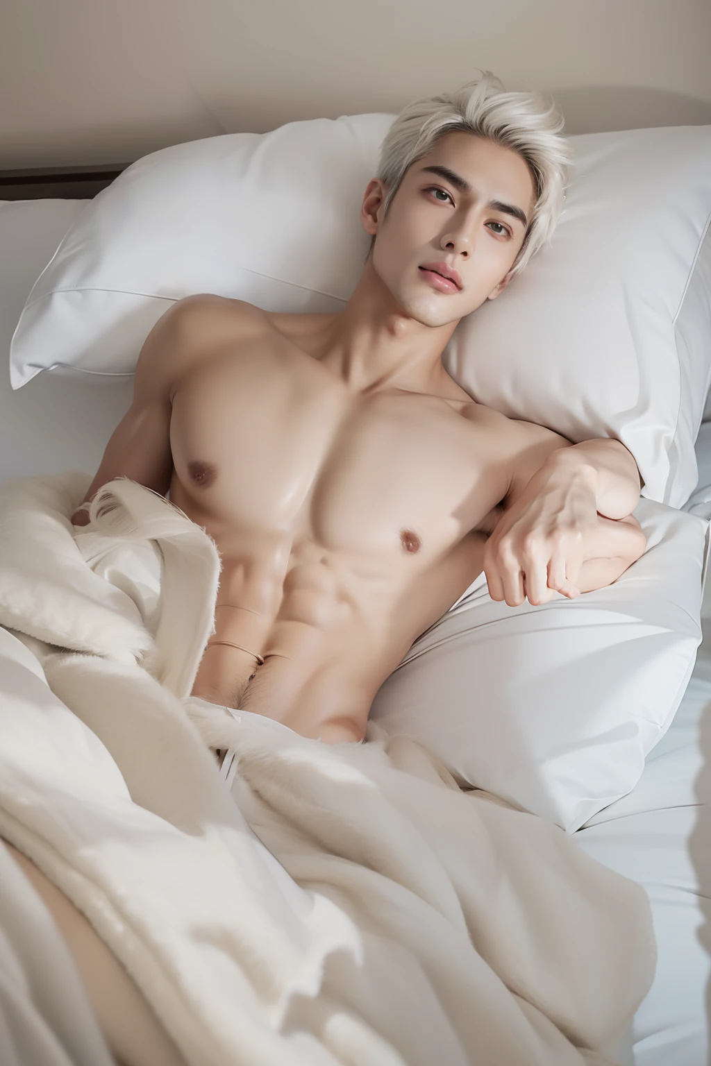 male with white hair and no shirt on laying on a bed, lean man with light tan skin, model with attractive body, male model, smooth body features, with abs, photorealistic perfect body, attractive body, shirtless :: high detail, smooth translucent white skin, asian male, posing in bed, sexy slim body, beautiful handsome body, sexy body and face