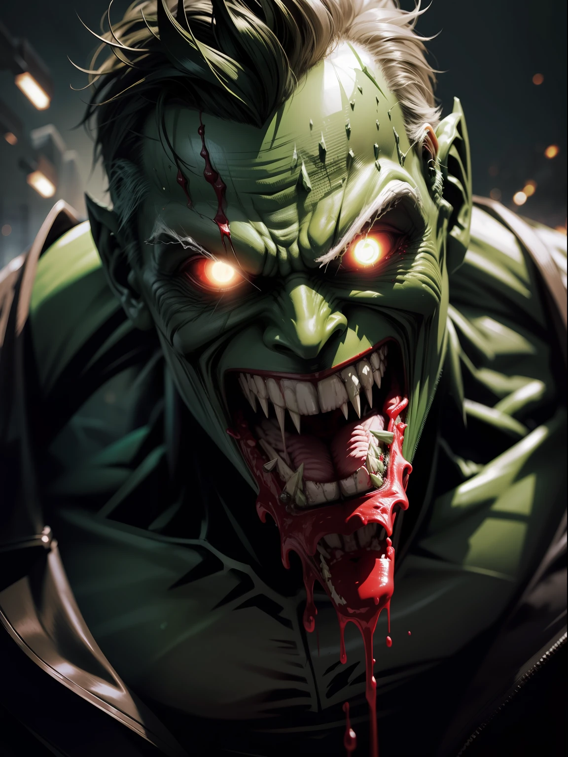 Dramatic green lantern as a zombie covered in wounds and blood all over and opened its mouth showing its teeth and ready to bite, lightning on the background, cinematic, extreem realistic, extreem detailed, extreem Sharp, middle close-up shot