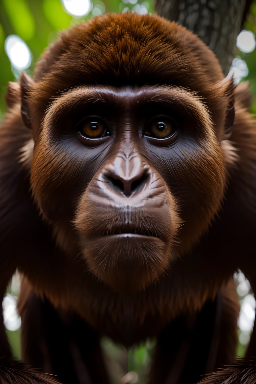 Brown monkey, hanging from a tree, 6ft tall, looks into the camera, symmetrical eyes, symmetrical face, photorealistic, photography, path tracing, specular lighting, volumetric face light, path traced hair, visible shadows, intricate, elaborate