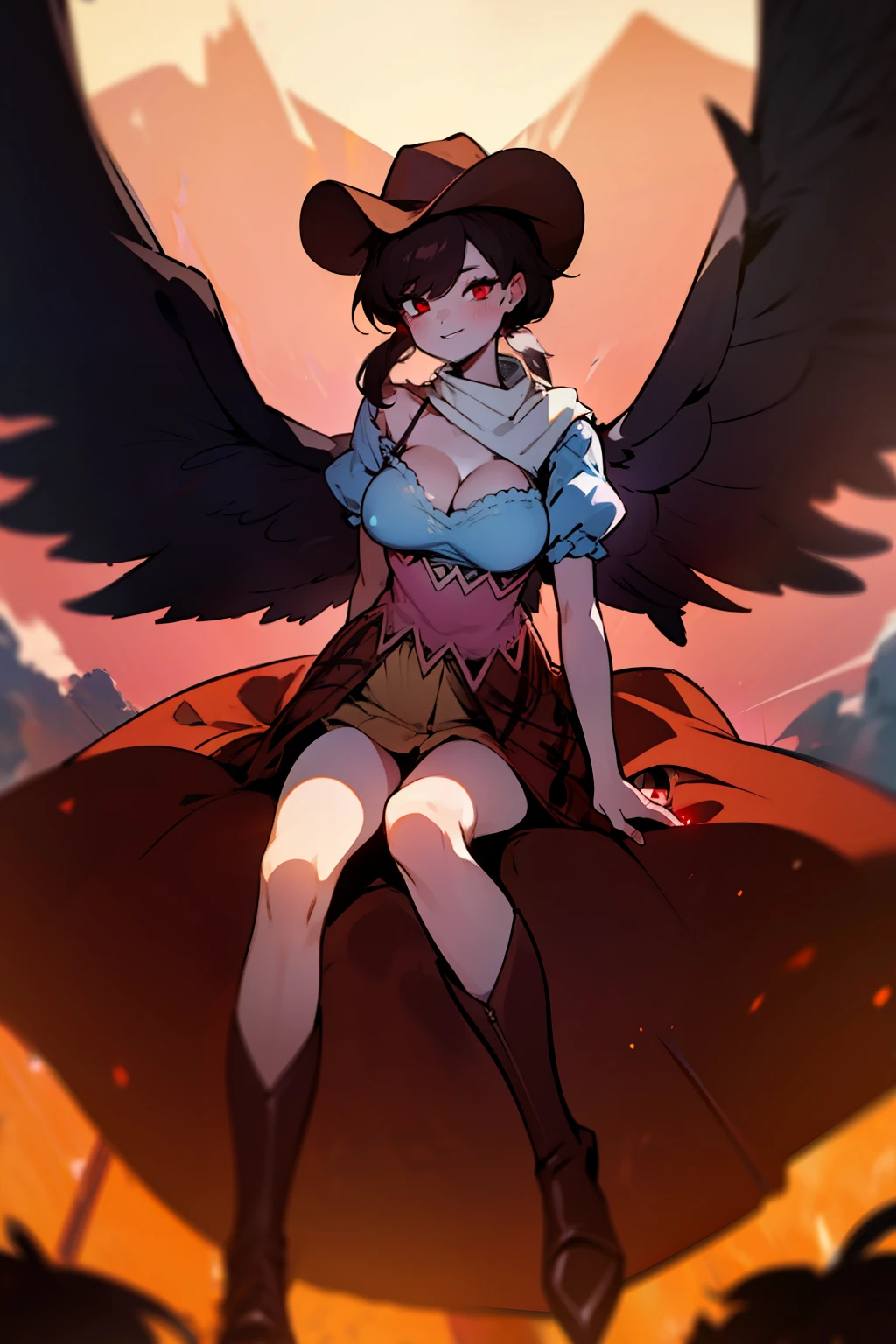 (masterpiece),best quality, expressive eyes, perfect face, 1girl,
big breast, H-cup, good breast, beautiful, gorgeous,anime,girl,lora, floating clothes, tent chest ,
 nipple visible  though clothes,Saki Kurokoma,
red eyes,
black hair,
short hair,
long ponytail,
black wings,
black horse tail,
brown cowboy hat,
brown boots,
light blue plaid shirt,
light pink shirt,
brown plaid skirt,
light orange skirt,
shoulders,
white bandana tied around neck,crazy smile,yameroyandere,yandere,crazy eyes,dark,glowing eyes,shaded face,empty eyes,w sitting, w sitting on ground,legs on ground,arms between legs, hands between thighs,both arms between legs