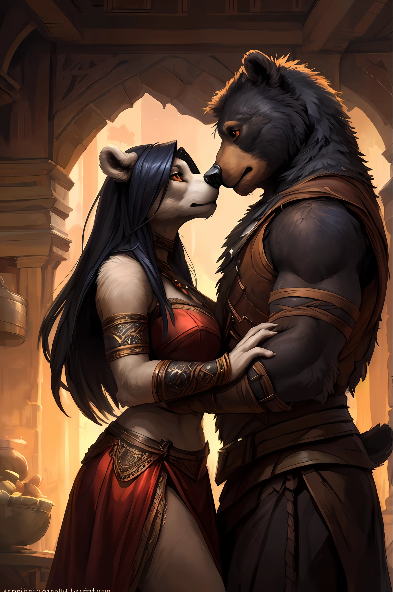 pair, lovers, (female ond male), kenket, ross tran, ruan jia, bonifasko, a mighty male bear made out of (wandering barbarian), heterosexual, orange eyes, big black mane of hairs, fantasy portrait, finely detailed brown medieval underwear, intricate design, double blades, silk, cinematic lighting, 4k,