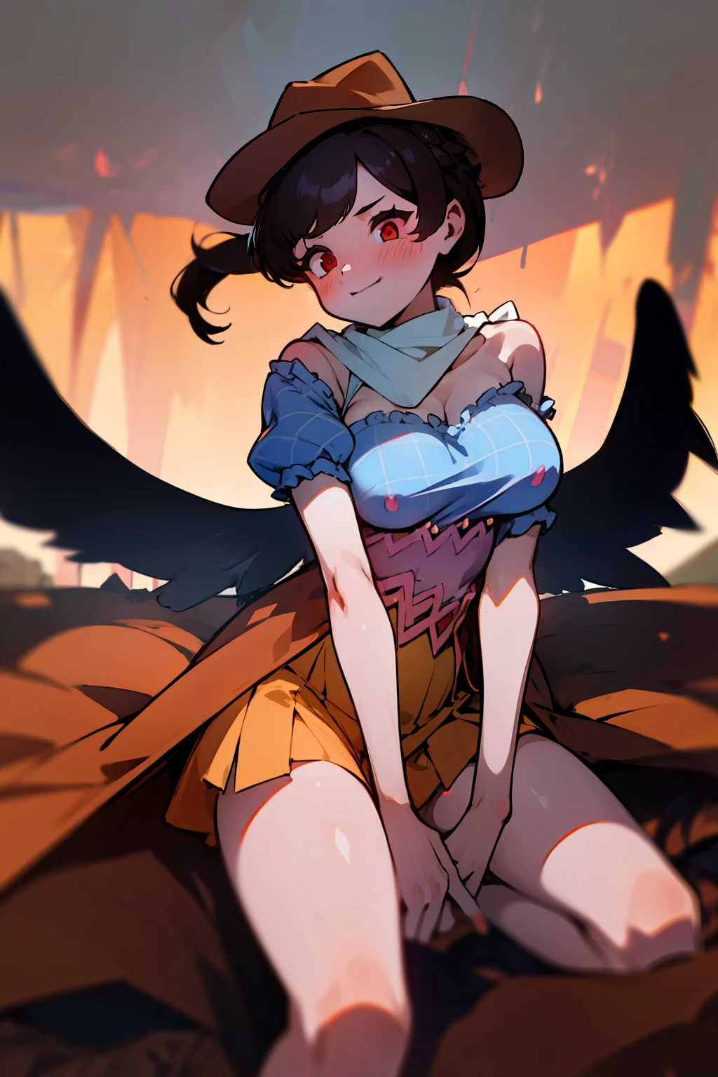 (masterpiece),best quality, expressive eyes, perfect face, 1girl,
big breast, H-cup, good breast, beautiful, gorgeous,anime,girl,lora, floating clothes, tent chest ,
 nipple visible  though clothes,Saki Kurokoma,
red eyes,
black hair,
short hair,
long ponytail,
black wings,
black horse tail,
brown cowboy hat,
brown boots,
light blue plaid shirt,
light pink shirt,
brown plaid skirt,
light orange skirt,
shoulders,
white bandana tied around neck,crazy smile,yameroyandere,yandere,crazy eyes,dark,glowing eyes,shaded face,empty eyes,w sitting, w sitting on ground,legs on ground,arms between legs, hands between thighs,both arms between legs