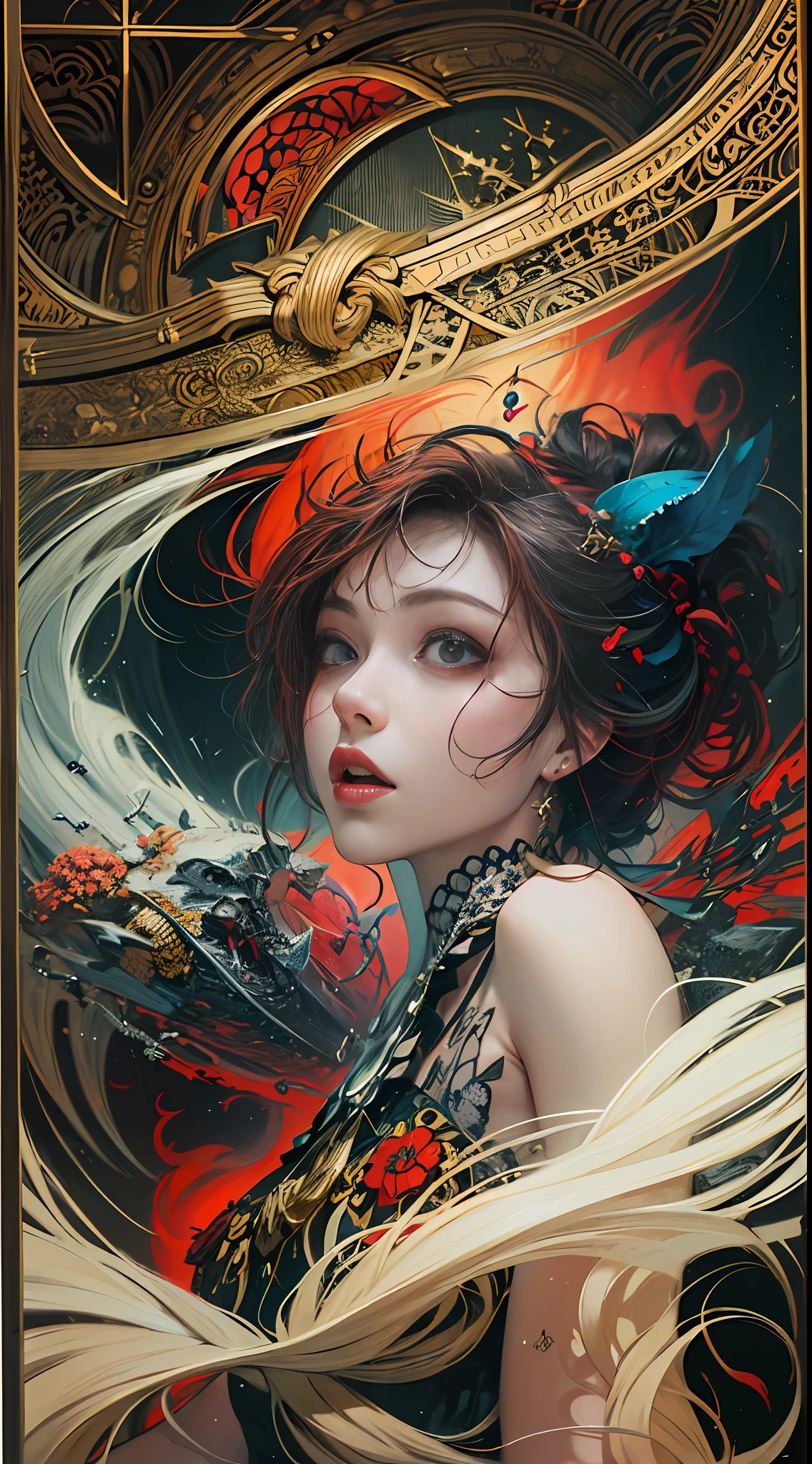 official art, unity 8k wallpaper, ultra detailed, beautiful and aesthetic, masterpiece, best quality, (zentangle, mandala, tangle, entangle), (fractal art:1.3) , 1girl, extremely detailed, dynamic angle, cowboyshot, the most beautiful form of chaos, elegant, a brutalist designed, vivid colours, romanticism, by james jean, roby dwi antono, ross tran, francis bacon, michal mraz, adrian ghenie, petra cortright, gerhard richter, takato yamamoto, ashley wood, atmospheric, ecstasy of musical notes, streaming musical notes visible