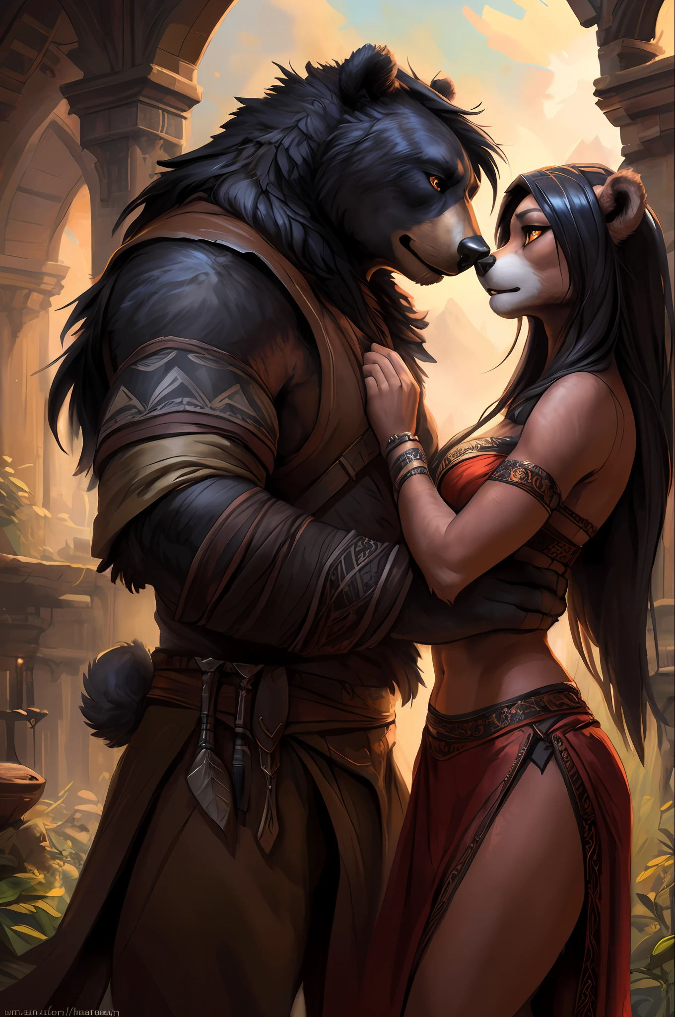 pair, lovers, (female ond male), kenket, ross tran, ruan jia, bonifasko, a mighty male bear made out of (wandering barbarian), heterosexual, orange eyes, big black mane of hairs, fantasy portrait, finely detailed brown medieval underwear, intricate design, double blades, silk, cinematic lighting, 4k,