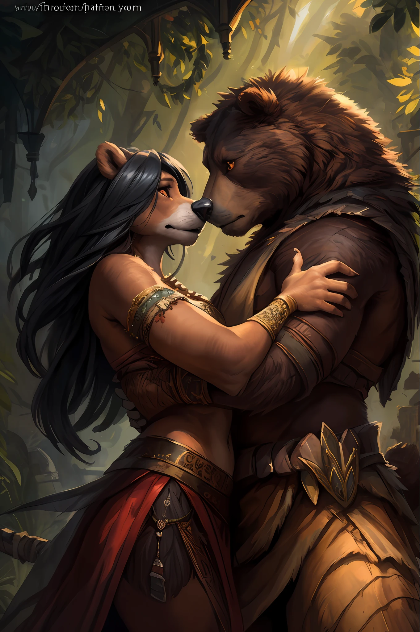pair, lovers, (female ond male), kenket, ross tran, ruan jia, bonifasko, a mighty male bear made out of (wandering barbarian), heterosexual, orange eyes, big black mane of hairs, fantasy portrait, finely detailed brown medieval underwear, intricate design, double blades, silk, cinematic lighting, 4k,