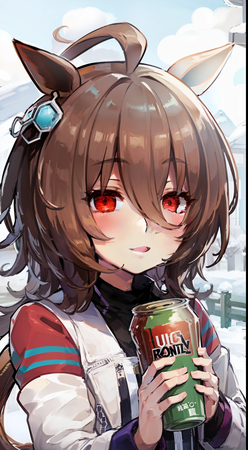 (best quality,ultra detailed) 、Agnes Tachyon(umamusume) 、winter、snowcity、selfie、Energy Drinks