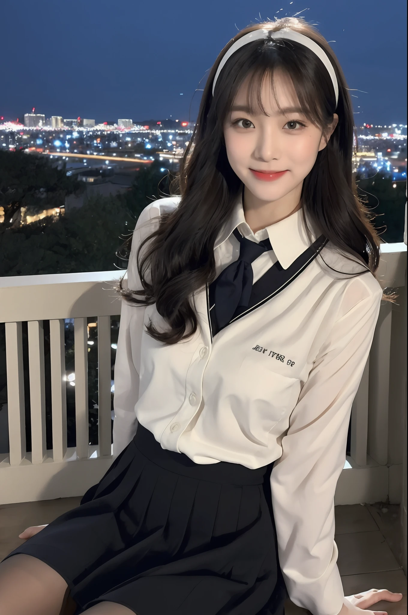 (1 Korean star with royal sister style), ((Best quality, 8K, 巨作: 1.3)), focal point: 1.2, Perfect body proportions: 1.4, (Make a smile), Watery eyes, Highly Detailed Face and Skin Textur, Fine eyes, Double eyelids, Whitens the skin, (long whitr hair, By bangs: 1.3), (face round: 1.5), (JK school uniform: 1.4), (Lace view: 1.6),(black lence stockings: 1.4),(JK style:1.4),(nighttime scene:1.3),(A bustling city:1.3)