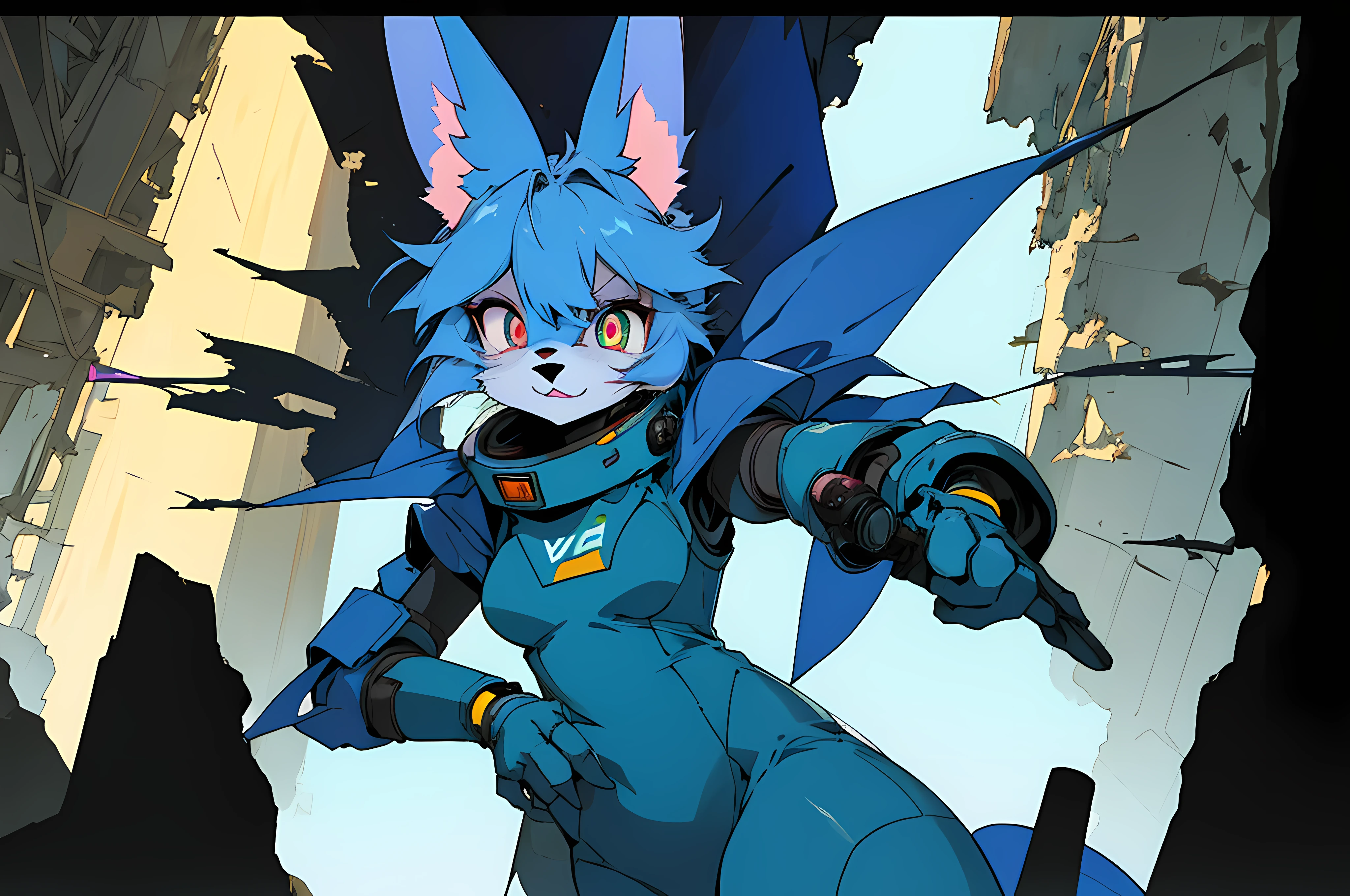 (vintage vhs), (crt screenshot), (((cathedral shootout spacewalk))), (((angry blue anthro kemono furry rabbit exploring old ruins))), (((underground cavern shining flashlight in old ruins))), anime rabbit character with futuristic hair and glowing eyes exploring old ruins, anime art, anime aesthetic, (((old ruins in background cel art))), kemono anime space cadet rabbit girl, wearing cybernetic bunny ears, powerful female fighter --v6