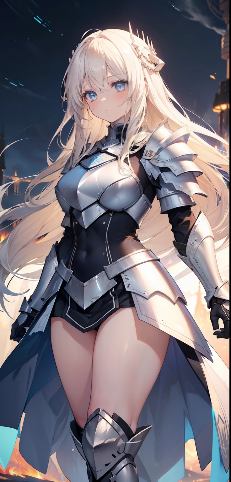 1 Girl, light blue eyes, long blonde hair, locks of hair, bangs, hair details, detailed hair strands, (lights effect on hair), ((white knight armor)), big chest, thick legs, thigh thick, background scenery, in the sky, surrounding fire, ambient detail, ultra detailed