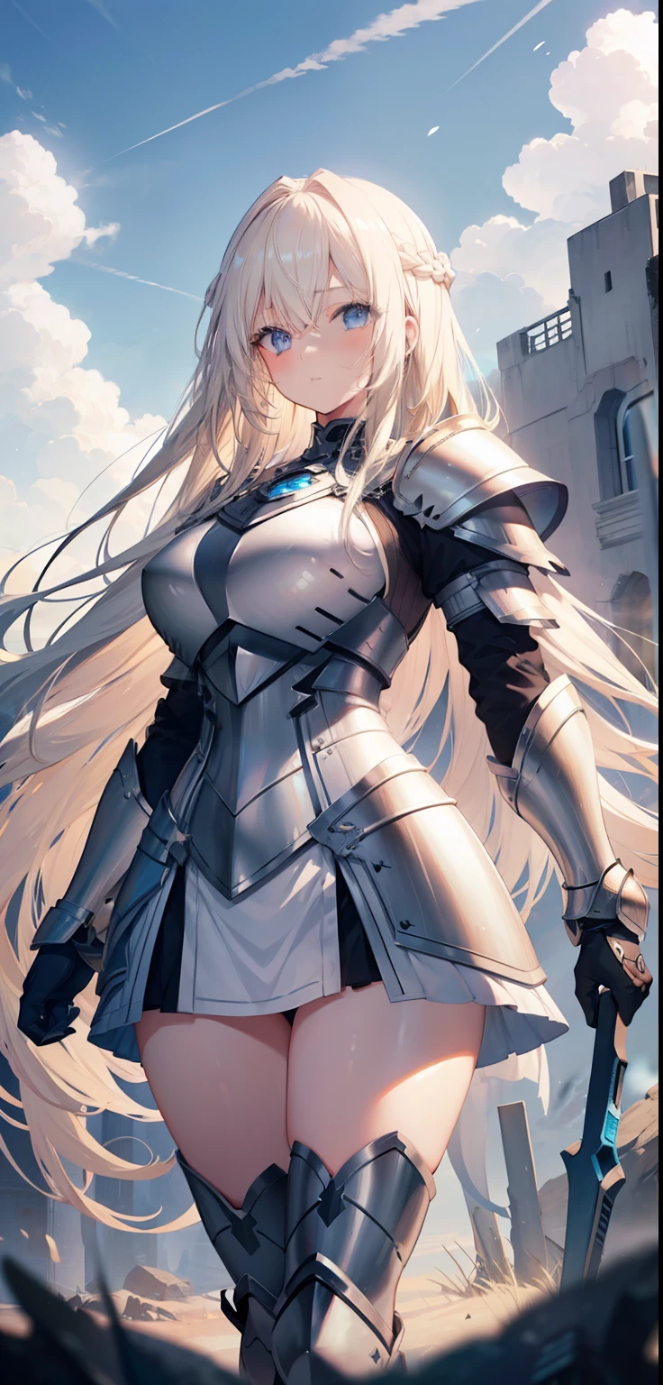 1 Girl, light blue eyes, long blonde hair, locks of hair, bangs, hair details, detailed hair strands, (lights effect on hair), ((white knight armor)), big chest, thick legs, thigh thick, background scenery, in the sky, surrounding fire, ambient detail, ultra detailed