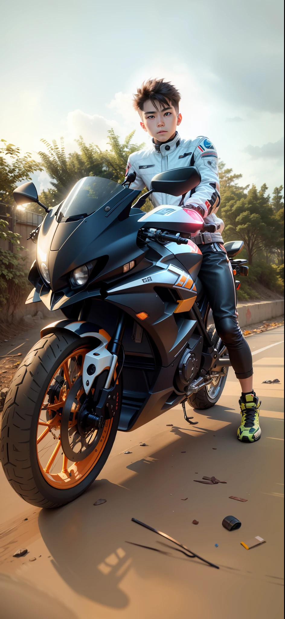 there is a boy standing next to a motorcycle on the street, picture of a female biker, by Emma Andijewska, riding a motorcycle, inspired by Hiroshi Honda, holding helmet, sitting on a motorcycle, taken with canon eos 5 d mark iv, 🚿🗝📝, 🤬 🤮 💕 🎀, taken with sony alpha 9 handsome boy realistic real facematching