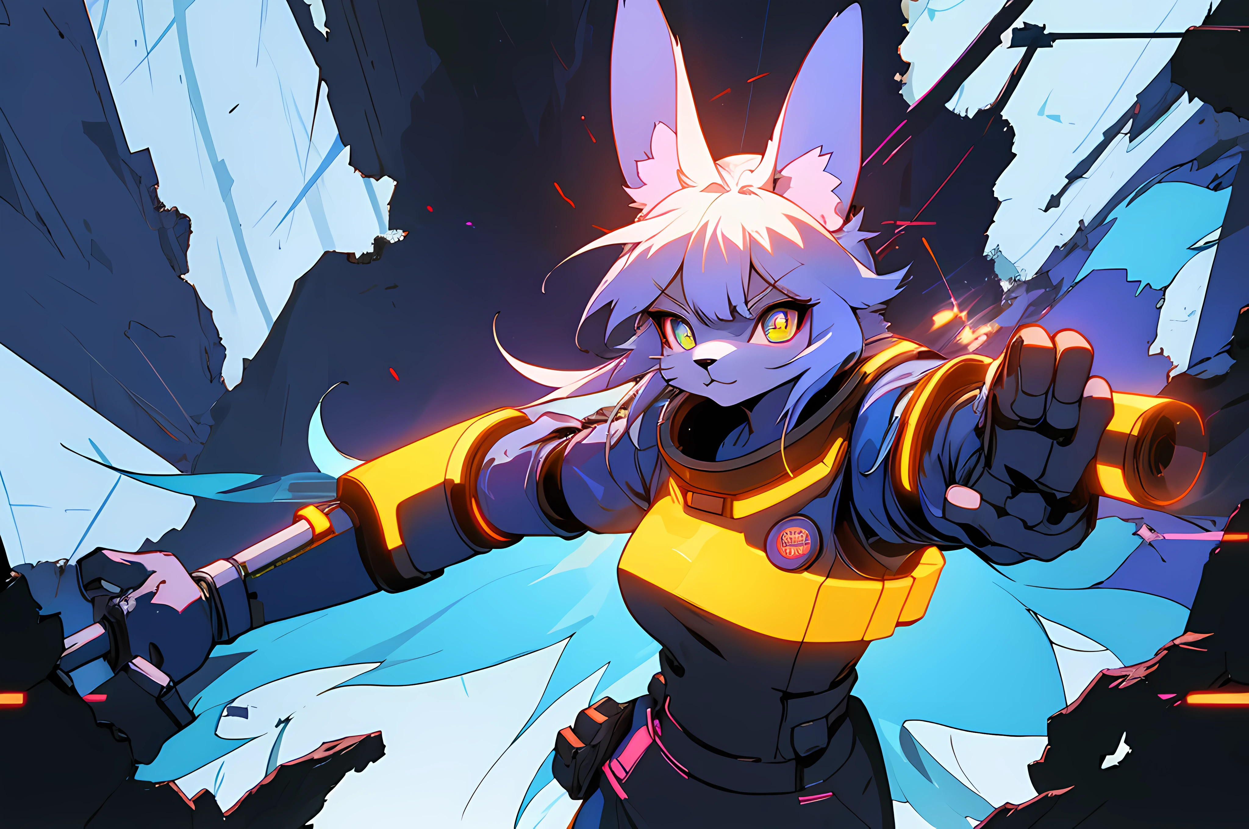 (vintage vhs), (crt screenshot), (((cathedral shootout spacewalk))), (((angry blue anthro kemono furry rabbit exploring old ruins))), (((underground cavern shining flashlight in old ruins))), anime rabbit character with futuristic hair and glowing eyes exploring old ruins, anime art, anime aesthetic, (((old ruins in background cel art))), kemono anime space cadet rabbit girl, wearing cybernetic bunny ears, powerful female fighter --v6