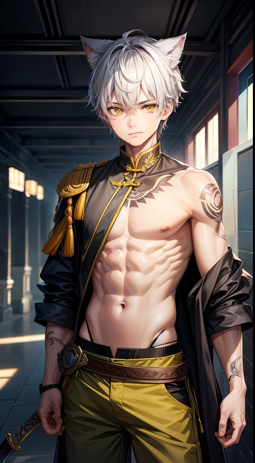 young boy, short gray hair, Cat's ears, Heterochromia, Yellow left and brown right eyes, tattoo, open torso, Pants of a Chinese general, swords, Masterpiece, hiquality