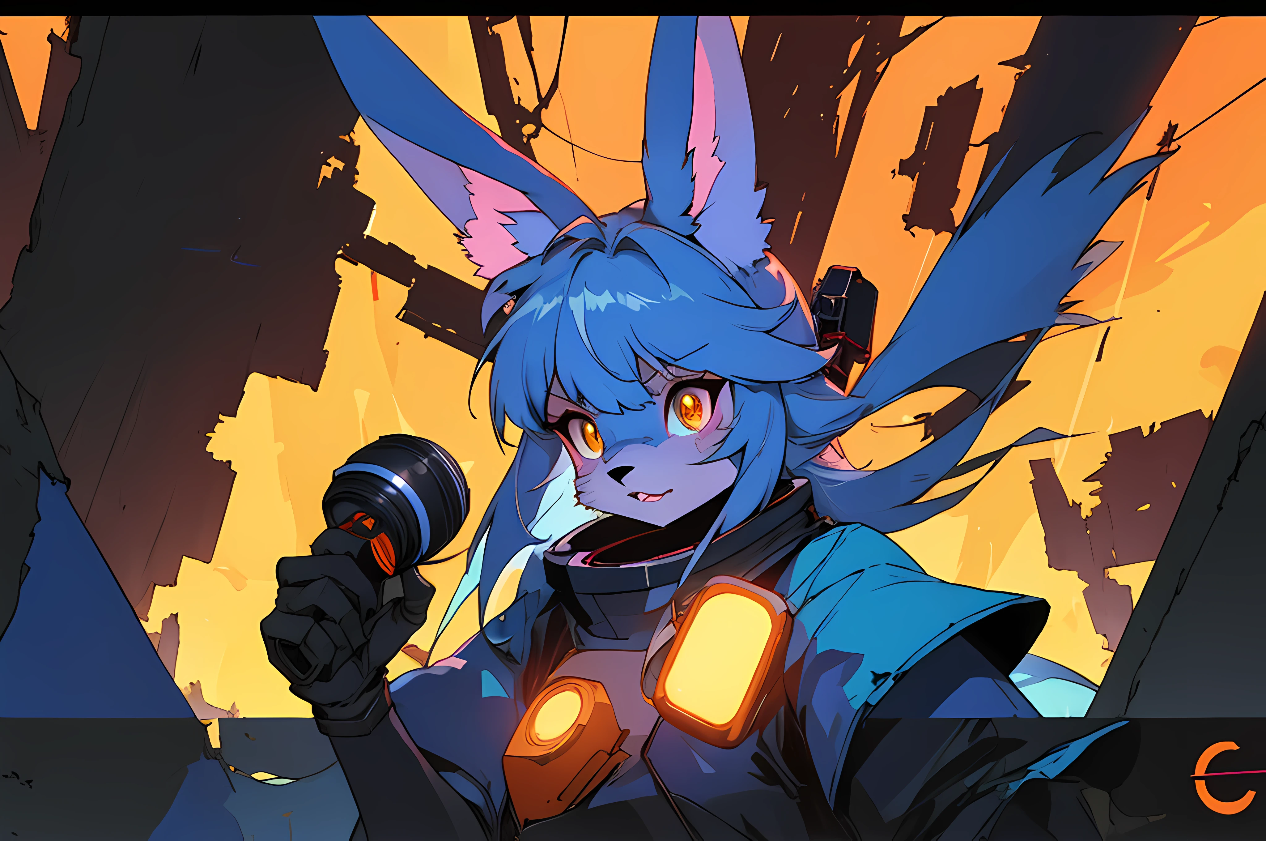 (vintage vhs), (crt screenshot), (((cathedral shootout spacewalk))), (((angry blue anthro kemono furry rabbit exploring old ruins))), (((underground cavern shining flashlight in old ruins))), anime rabbit character with futuristic hair and glowing eyes exploring old ruins, anime art, anime aesthetic, (((old ruins in background cel art))), kemono anime space cadet rabbit girl, wearing cybernetic bunny ears, powerful female fighter --v6