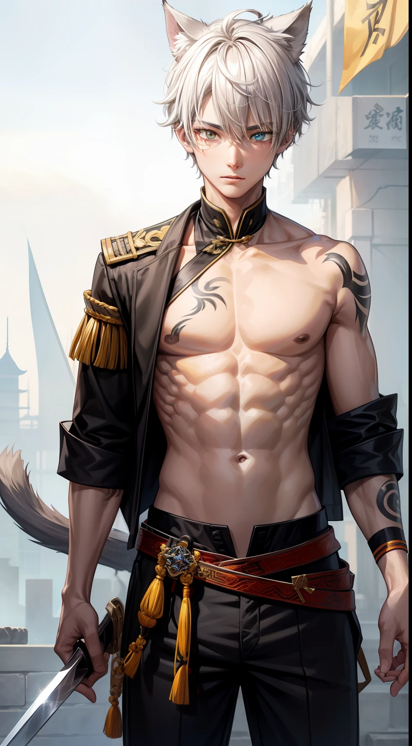 young boy, short gray hair, Cat's ears, Heterochromia, Yellow left and brown right eyes, tattoo, open torso, Pants of a Chinese general, swords, Masterpiece, hiquality