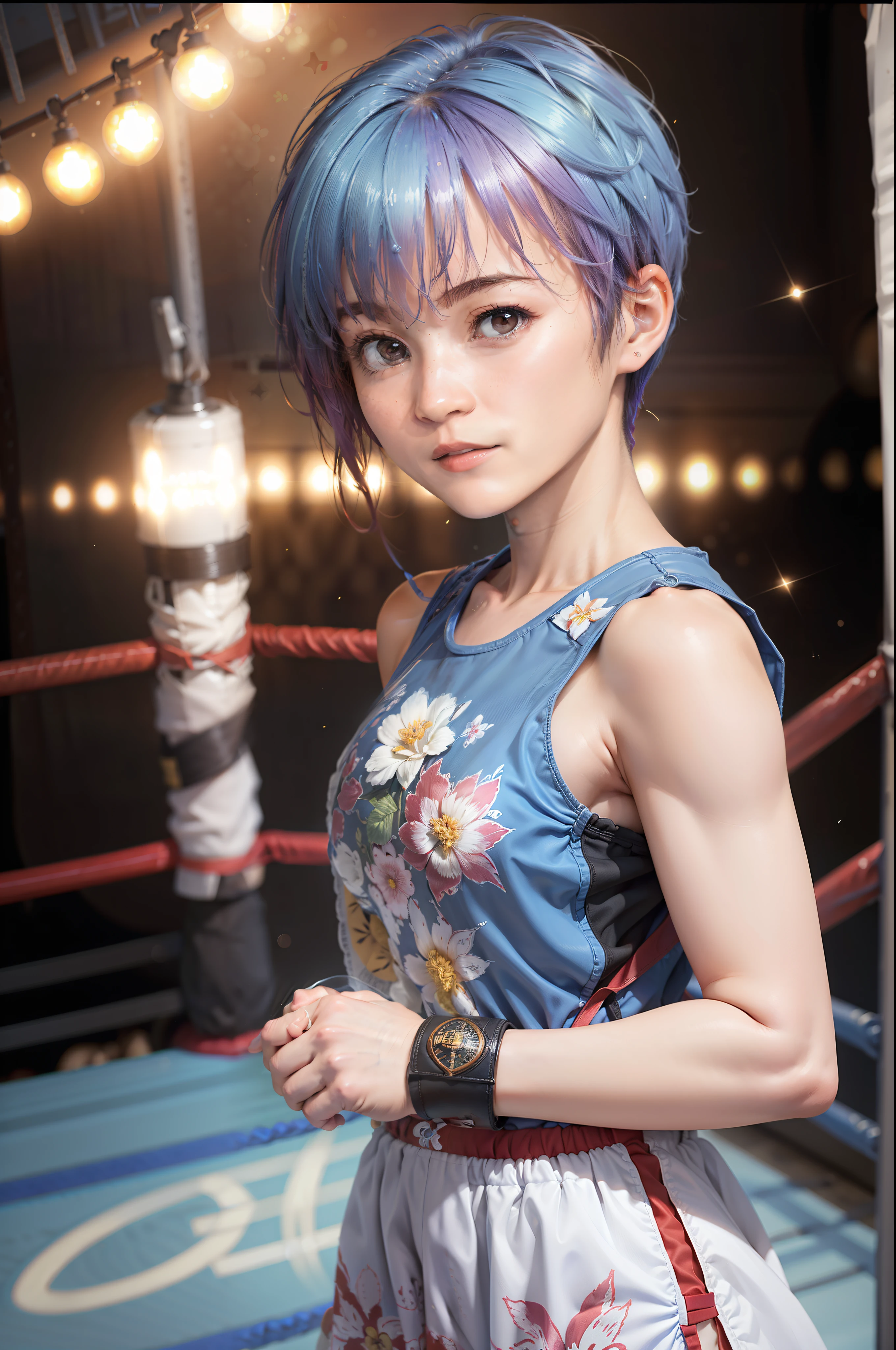 Best Quality, Very elaborate CG Unity 8K wallpapers, Boxer, (Photorealsitic:2), 超A high resolution, Highly detailed, A hyper-realistic, 1girl in, (Boxing gloves), Floral pattern, colourfull_Head_hair、(((very_Short_Head_hair))), Short hair, Full Shot, Looking at Viewer, ((boxing Ring)), Bright atmosphere, spot light, Detailed background