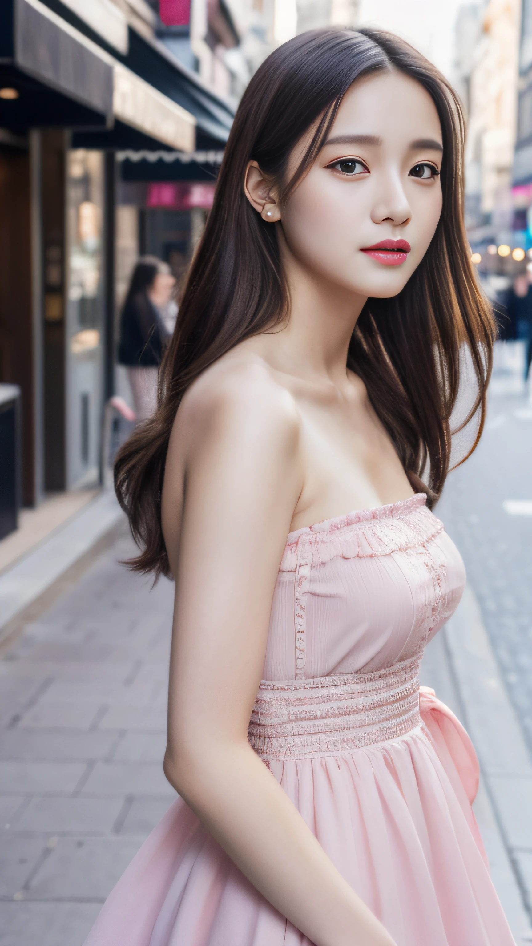 Walking on city streets, bandeau dress, wearing long gorgeous clothes, wearing pink flower long dress, cute couple, shopping, in the city, highly detailed beautiful girl, highly detailed face, highly detailed eyes, highly detailed skin, highly detailed fingers, highly detailed nose, very detailed detailed mouth