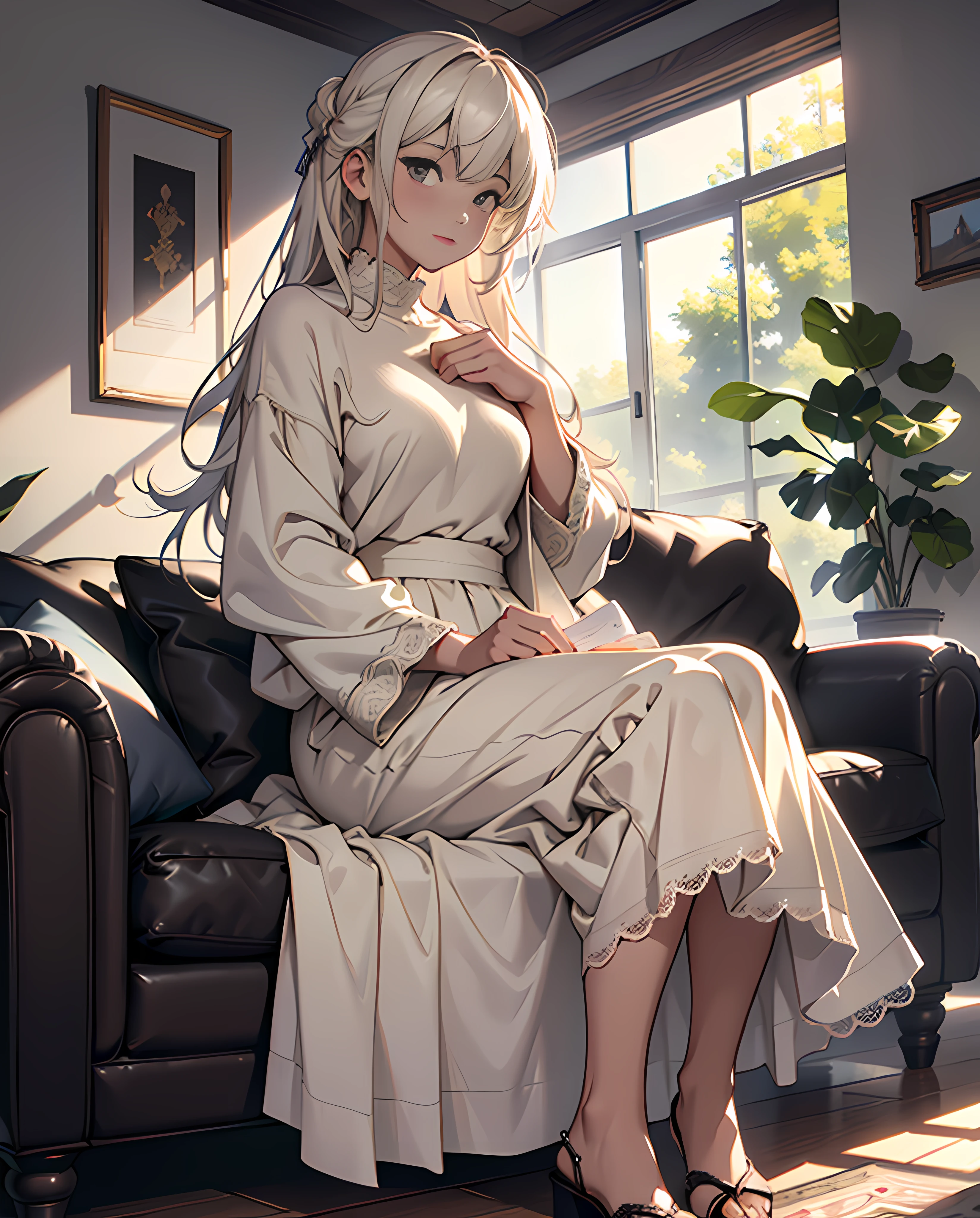 (absurderes、hight resolution、ultra-detailliert)、(the Extremely Detailed CG Unity 8K Wallpapers、Beautifully Aesthetic:1.2)、(1girl in:1.3)、Lady、独奏、The upper part of the body、rcasual、It features a simple、Natural Fabric、Sit up、knit、Lace Long Skirt、white  shirt、Brownish、If you have a photo、Hold in hand、Plain clothe、a room、sit on sofa、Mystical lighting、Ethereal Atmosphere、dressed casually, Sweaters, turtle、closed clothes、natural soft light、darker shadows、Living Loo、Long skirt with lace、