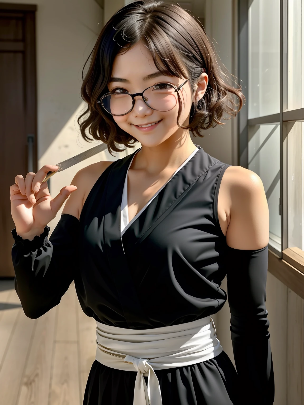 (girl with、独奏、a junior high school student、A dark-haired、short-hair、straight haired、hair adornments、Light brown eyes、A smile、wearing black glasses、small tits、cute face)、masterpiece、best qualtiy、ultra-detailliert、illustratio、ninjartist、Ninja clothing、Kunoichi