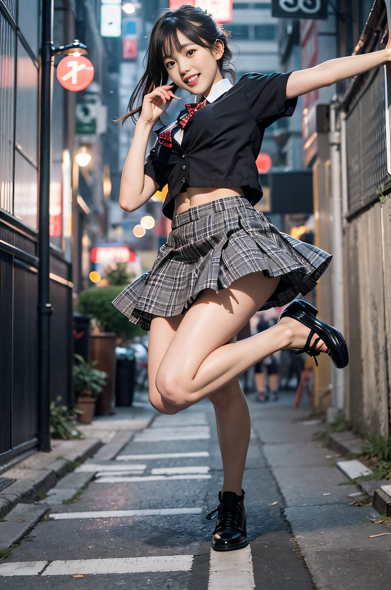 a 18 year old girl、a small face、Alafed Asian girl in uniform jumping on sidewalk, A girl is jumping, Teeth visible with a smile、middle size breasts、I turn my body to the side、Plaid super mini skirt、Realistic Young Gravure Idol, a hyperrealistic schoolgirl, taken with sony alpha 9, Japan beautiful girl, Young Gravure Idol, a hyperrealistic schoolgirl, Young Pretty Gravure Idol, Skyscrapers background at night、(From below:1.4),
