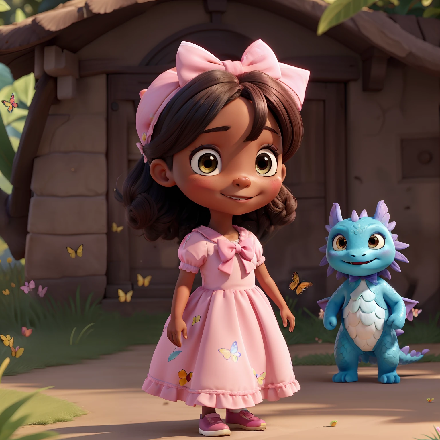 Victoria was dark-skinned, menina de cabelos pretos, olhos alegres, dressed in a pink dress and a bow on her head, sorrindo, andando por um caminho de flores, surrounded by butterflies and at her side her friend blue dragon cub full body image, imagem de alta qualidade