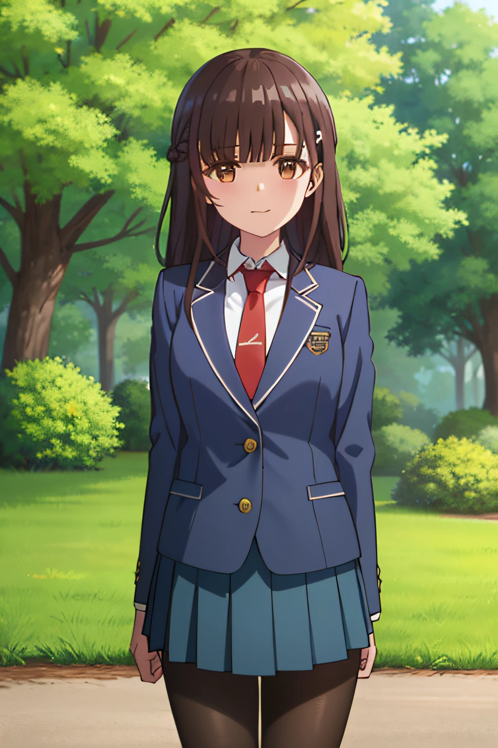 Best quality, (Masterpiece:1.2), Highly detailed, school, Outdoors,
1girll, Solo, irido yume, 
looking at viewert, Closed mouth, Slight smile, 
Brown eyes, Dark brown hair, Long hair, hair pin, school uniform, dark-blue skirt, White shirt, blue jacket, red necktie, Black pantyhose