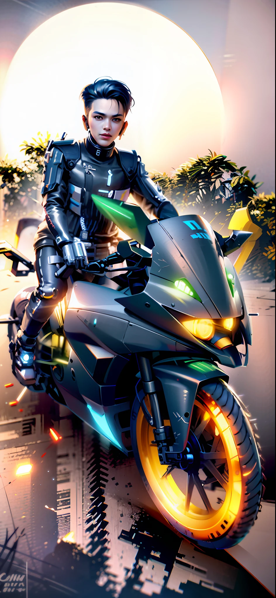 Boy on a motorcycle , cool, mecha style, with headlights on, fluorescent yellow embellishment realistic cyberpunk with styles. Handsome boy