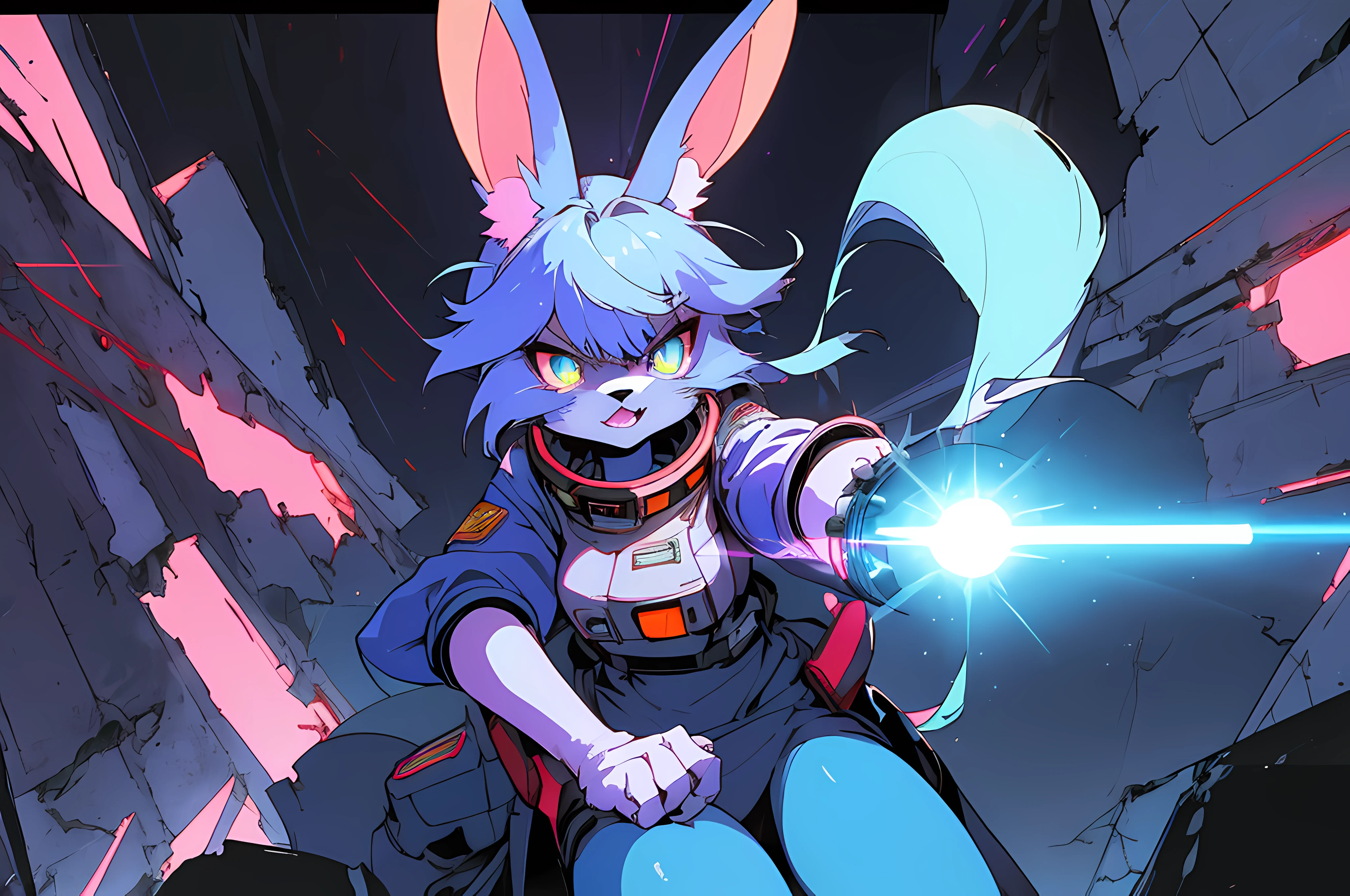 (vintage vhs), (crt screenshot), (((angry cathedral shootout spacewalk))), (((angry blue anthro kemono furry rabbit exploring old ruins))), (((underground cavern shining flashlight in old ruins))), angry anime rabbit character with futuristic hair and glowing eyes exploring old ruins, anime art, anime aesthetic, (((old ruins in background cel art))), angry kemono anime space cadet rabbit girl, wearing cybernetic bunny ears, angry powerful female fighter --v6