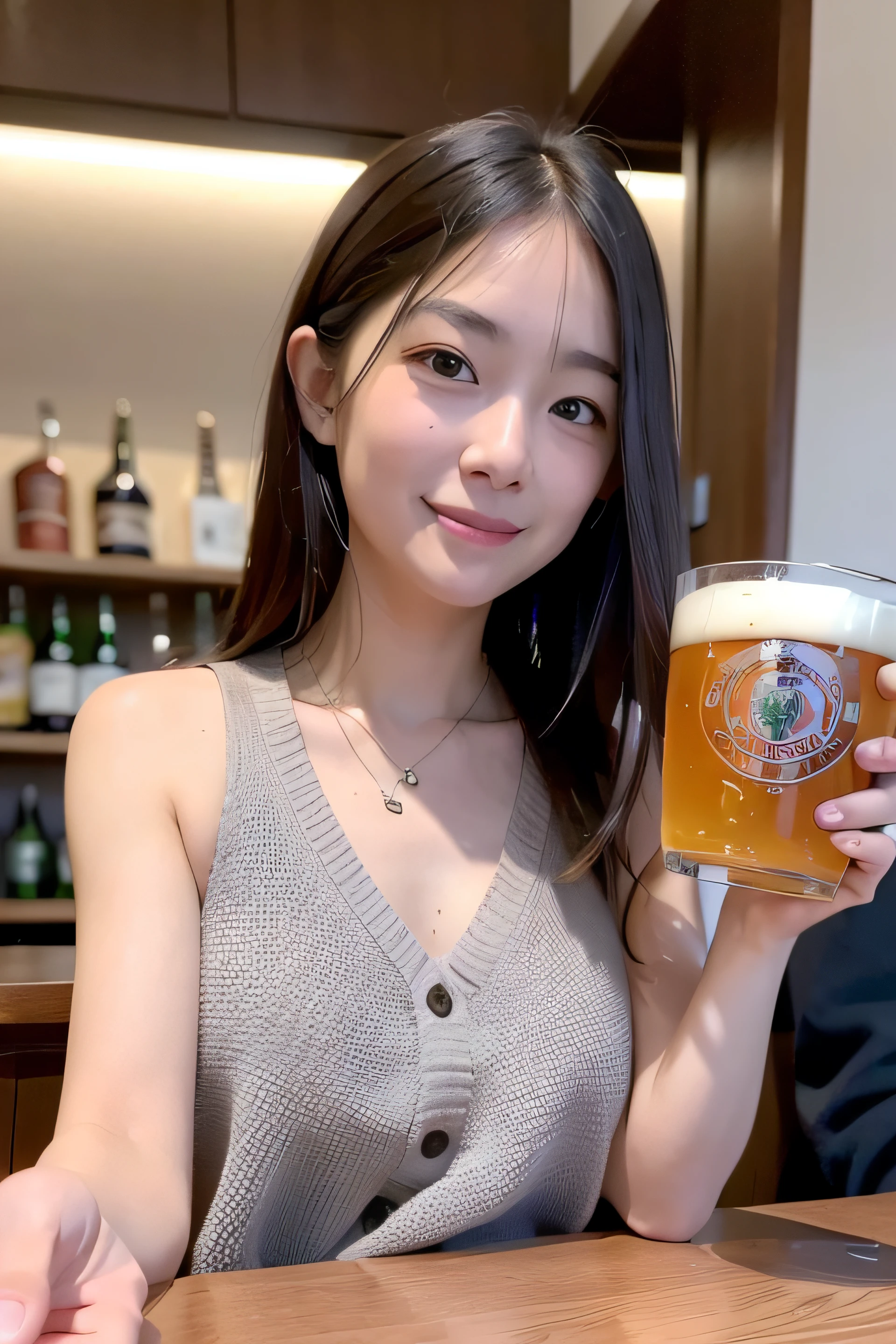 (realisitic、Photorealsitic:1.37)、(8k、RAW Photography、top-quality、masterpiece:1.2)、cute little、ultra-detailliert、Heart-shaped pupil、physically-based renderingt、超A high resolution、Look at viewers、Photorealsitic、realisitic、独奏、Photorealsitic、top-quality、extra detailed face、extremely detailed eye and face、beatiful detailed eyes、absurderes、incredibly absurdness、haunting smile、Childish looks、hair messy、Floating hair、pureerosface_v1:0.2、8K分辨率、A large photo of a beer mug is held in front of the camera while holding the handle of the beer mug.、The feeling of cheerfully saying cheerfully with a toast and a smile、Old-fashioned pub、Background blur