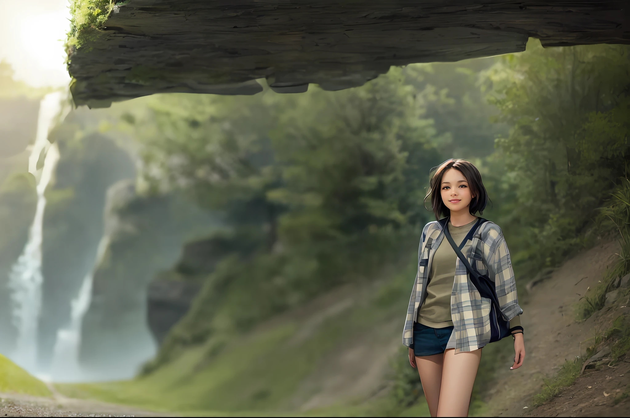 Tip: A very charming girl with a backpack and nature. The illustration is a high-definition illustration in 4k resolution, featuring highly detailed facial features and Realistic face smile dimple