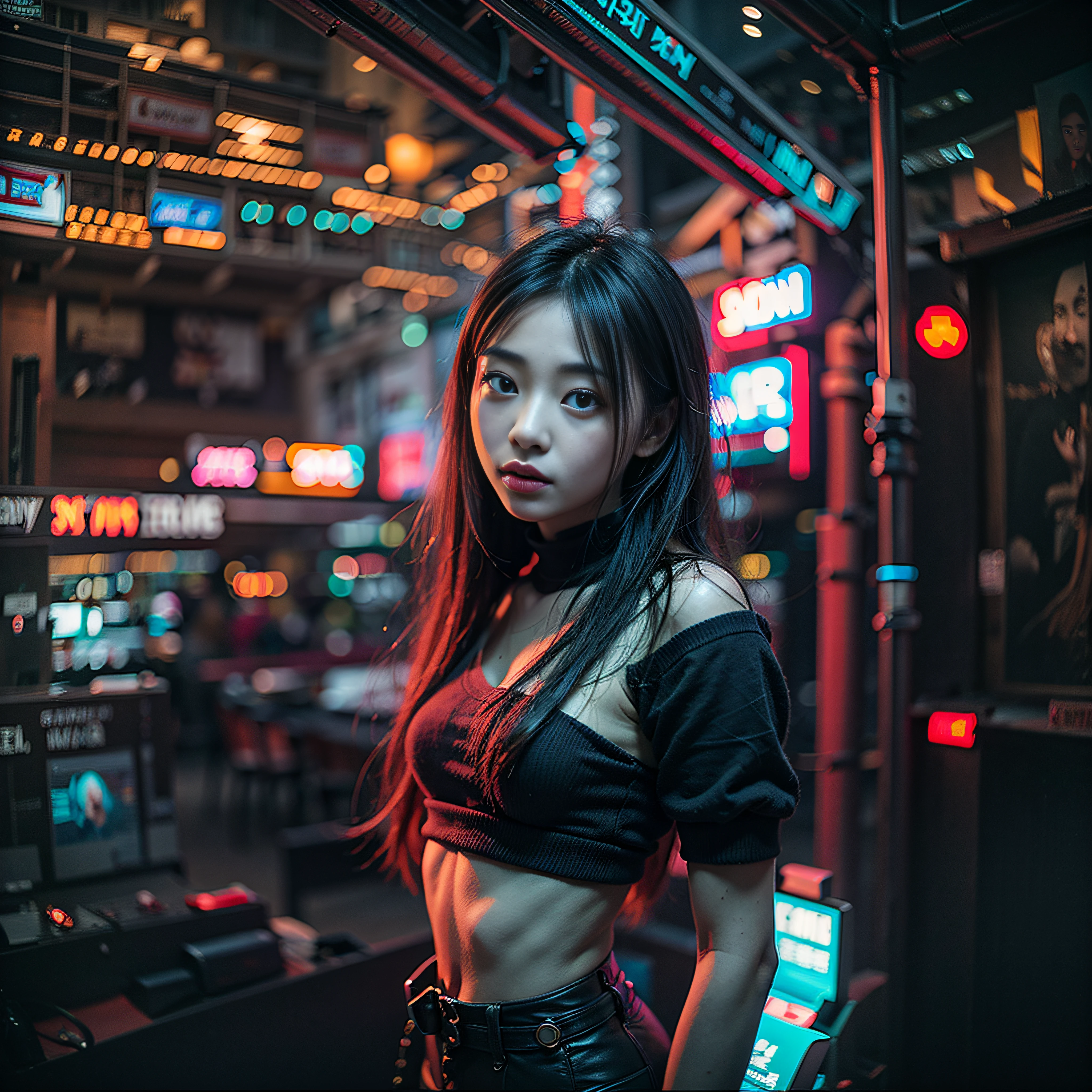 8K, RAW Photos, top-quality, masterpiece: 1.2),fish-eye lens、(((Wide View)))、fish-eye lens、Reach out and jump pose、Hair disheveled in the wind、fully body photo、Red or orange neon、Cyberpunk movies、Raw photo of beautiful Korean 20 year old woman、Half Face、deep in the night、darkened room、hightquality、More skin、Lustrous skin、clearface、cinema shot、nffsw、foco nítido