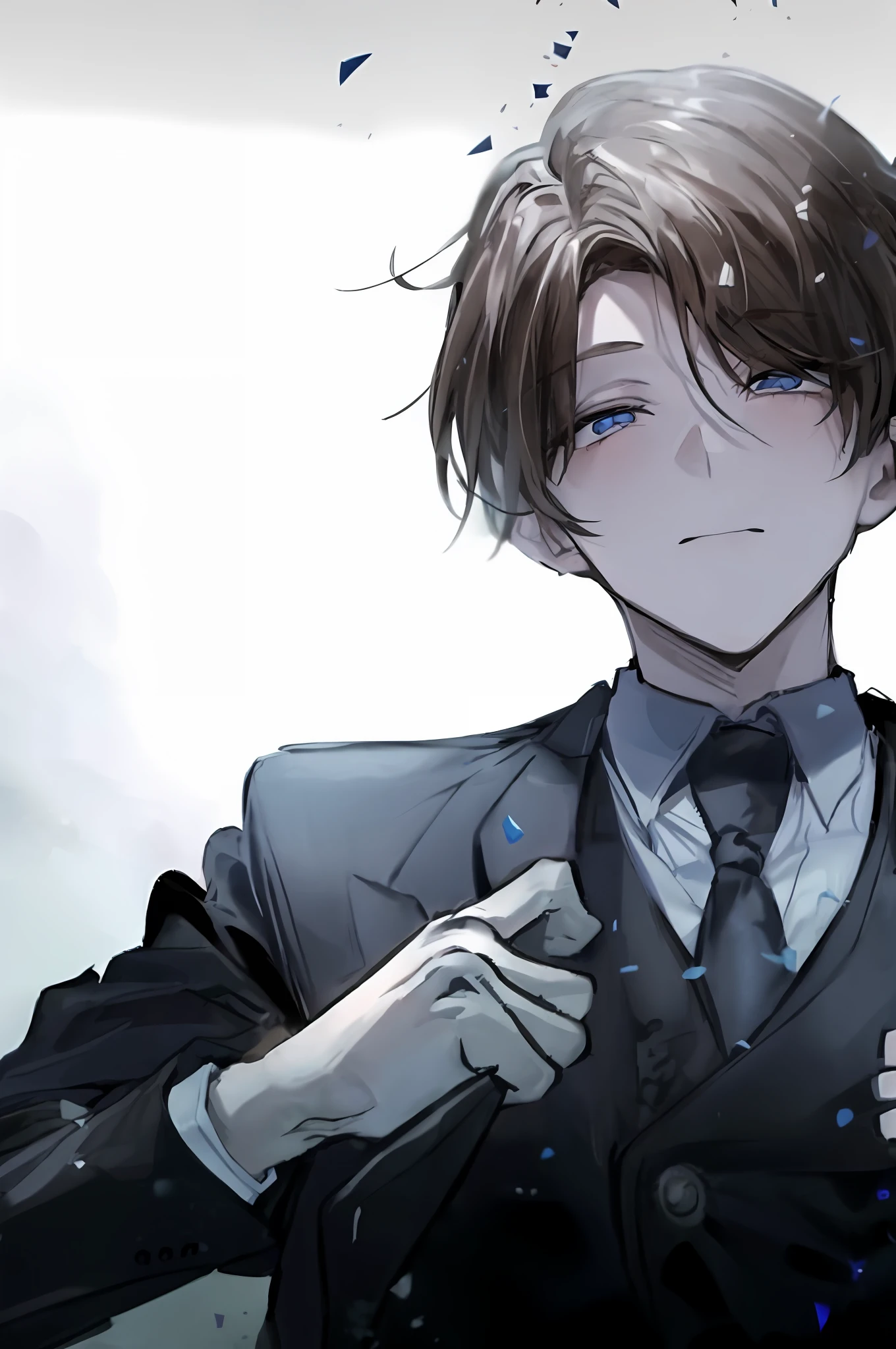 Wearing a suit and tie、Anime boy with his hands on his chest, he is wearing a suit, tall anime man with blue eyes, Handsome Anime Pose, in his suit, Wearing a suit and tie, Dark suit, in a strict suit, inspired by Okumura Togyu, wearing a suit and a tie, wearing a suit and a tie, In a suit