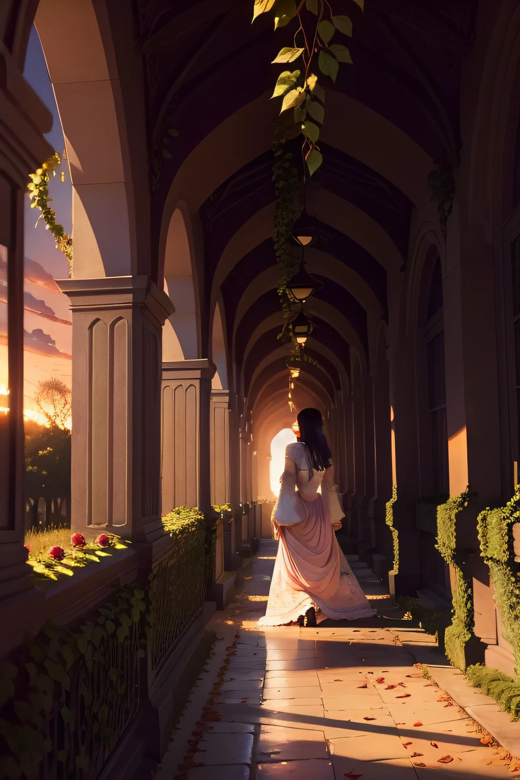 The walls are covered with intricate roses and vines that stretch to the ground,Random leaves falling on the ground in the air,Vista of the sunset