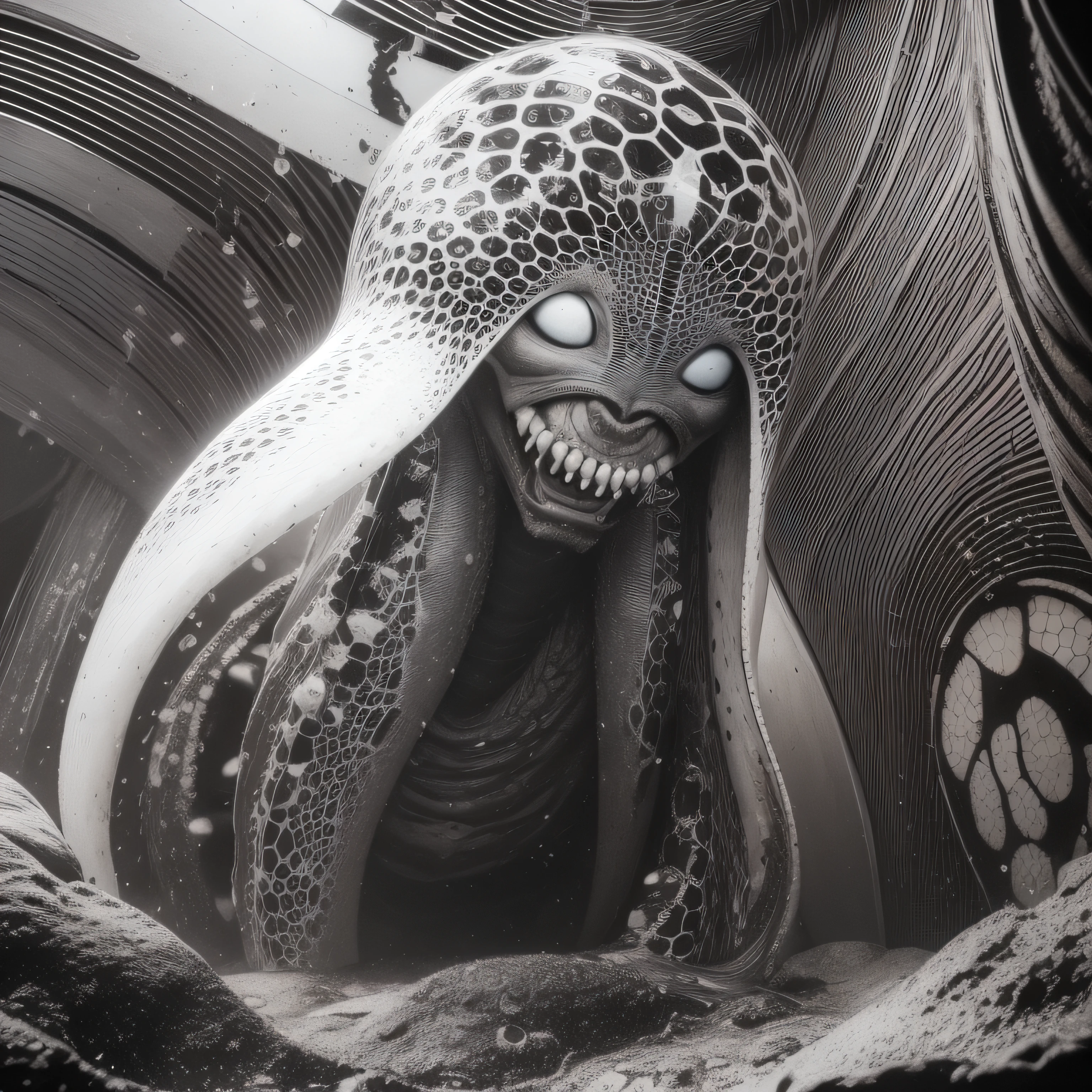 (extremadamente detallado, obra maestra, La mejor calidad), Estilo oscuro, intense illumination, rostro con arrugas, lengua larga, tentacle, deforme, monstruoso, interior de una piscina de agua verdosa, imagen submarina, alien con Colmillos finos, pico de pulpo amenazante. manchas de tinta. Rococo composition. Luz de caravaggio