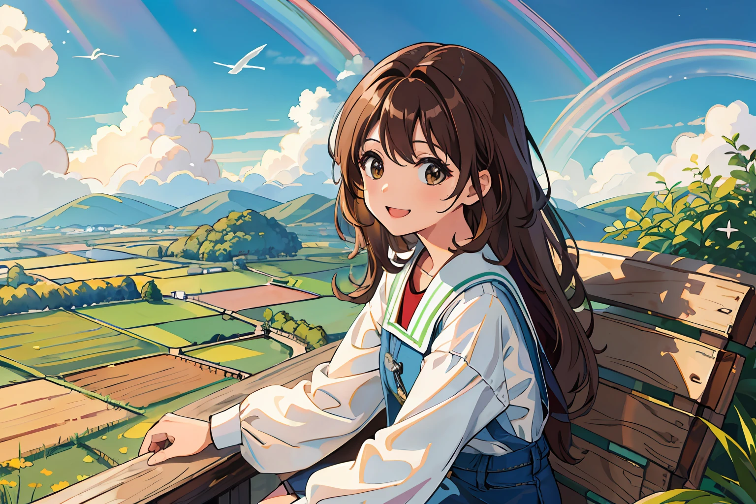 (Best quality, Masterpiece),Sunny,Broad lens,Skysky,rainbowing,(Brown hair long),Lively cute girl with long brown hair,Sit in the rainbow,wondrous,dream,laughing very happily,rural style